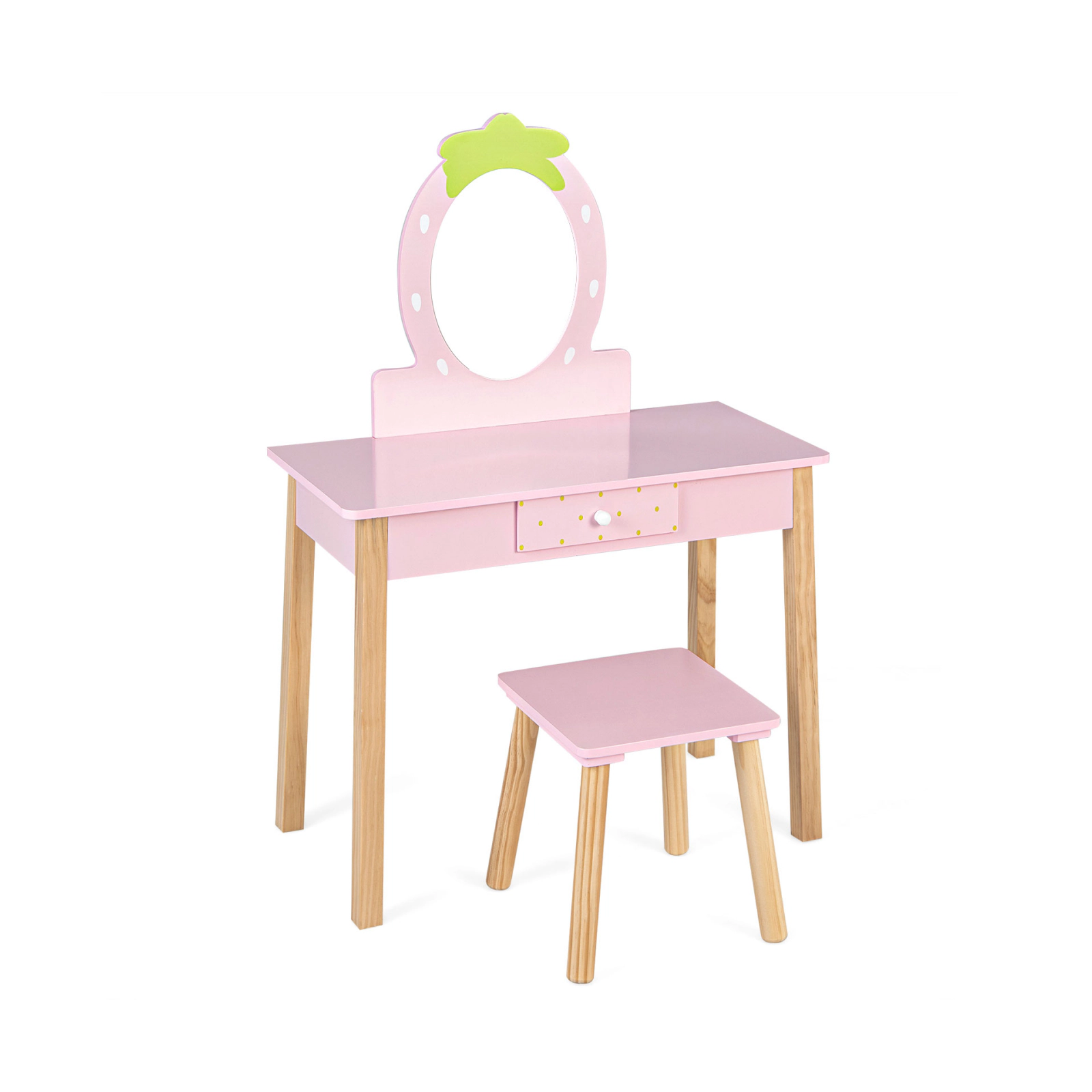 SUGIFT Pink Kids Vanity Table and Stool Set, 2-in-1 Desk with Removable Strawberry Mirror