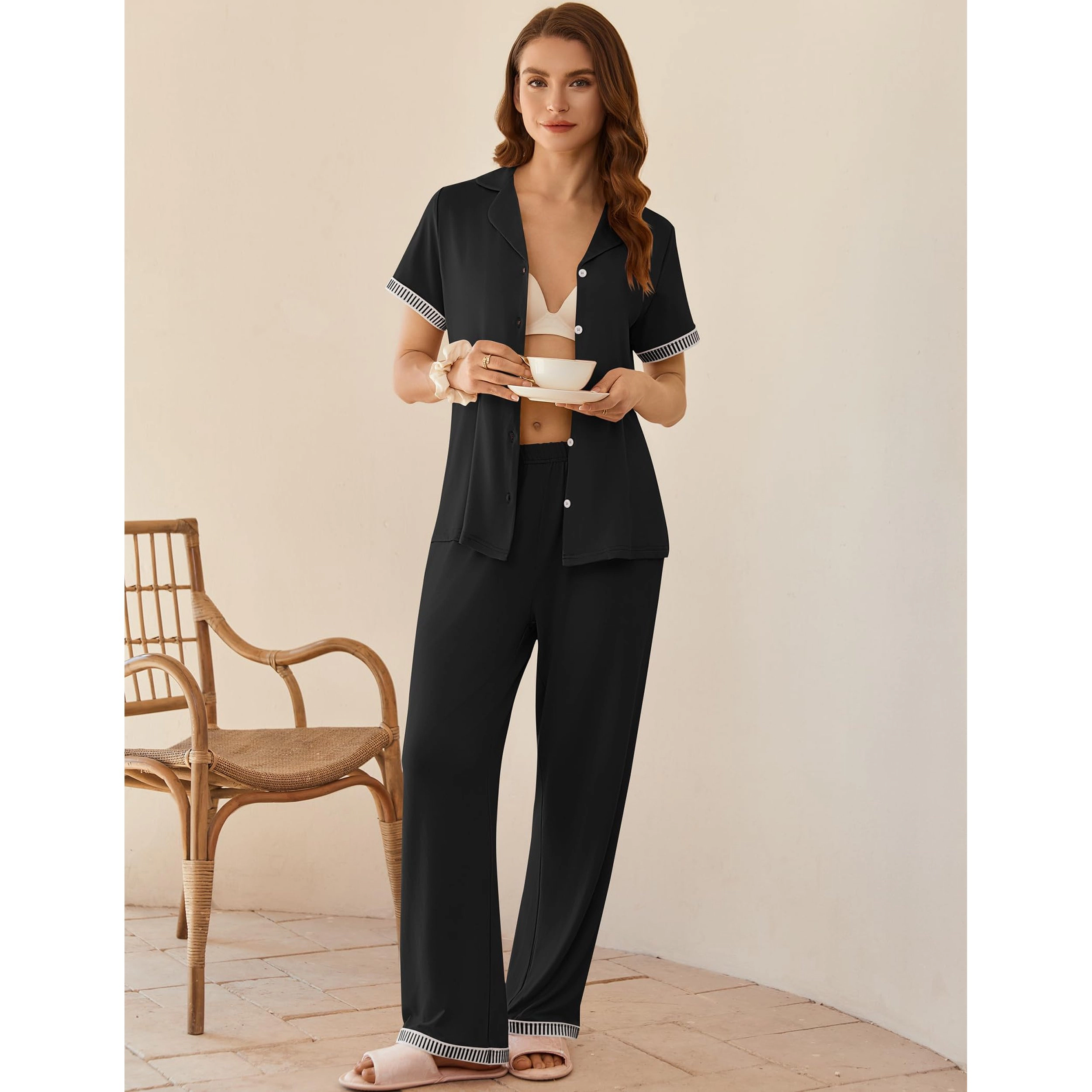 Ekouaer Womens Pajama Sets Short Sleeve Button Up Pjs Chic Contrast Trim Long Pants Soft