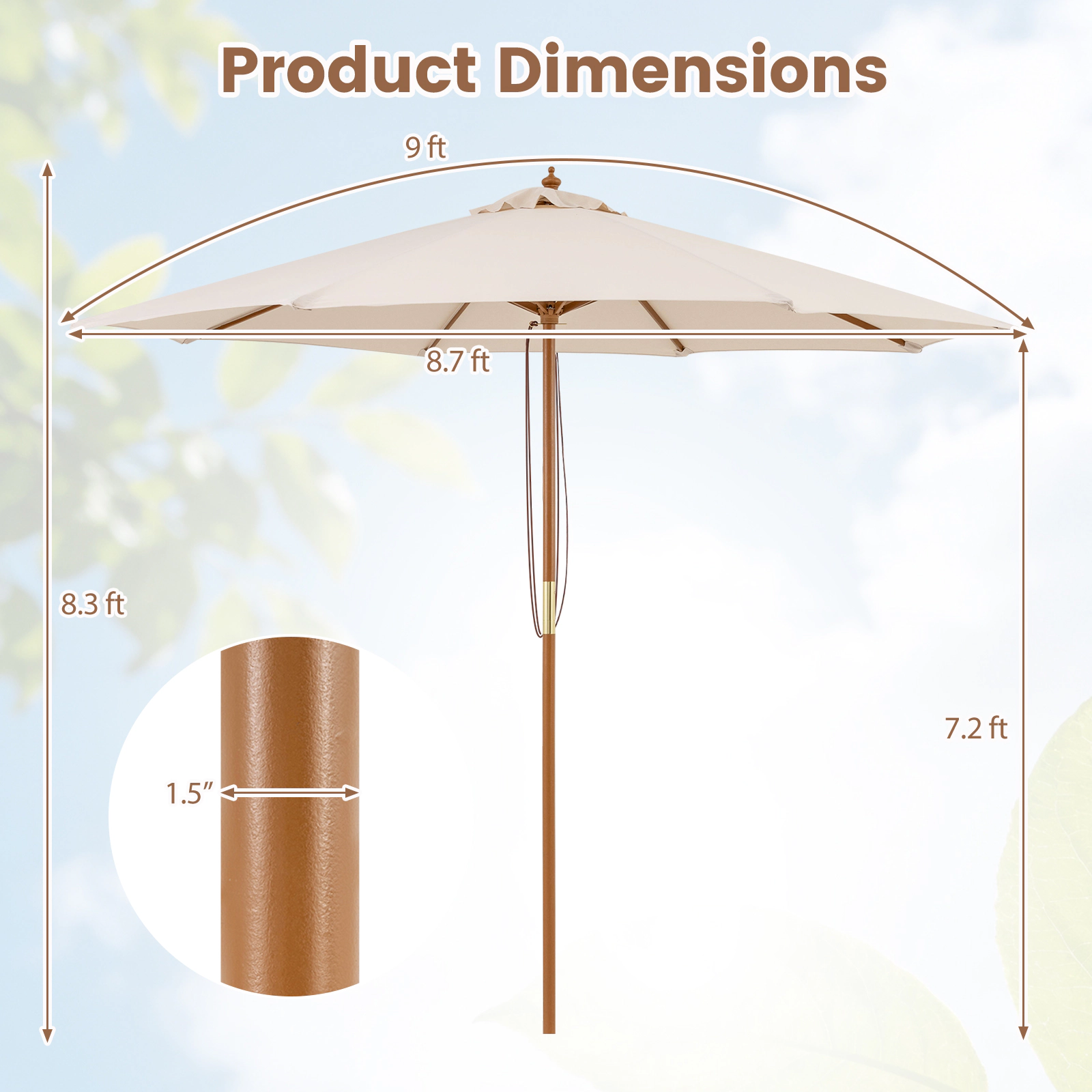SUGIFT 9-ft Patio Umbrella Outdoor Table Market Umbrella with 8 Bamboo Ribs and Safety Latch Beige