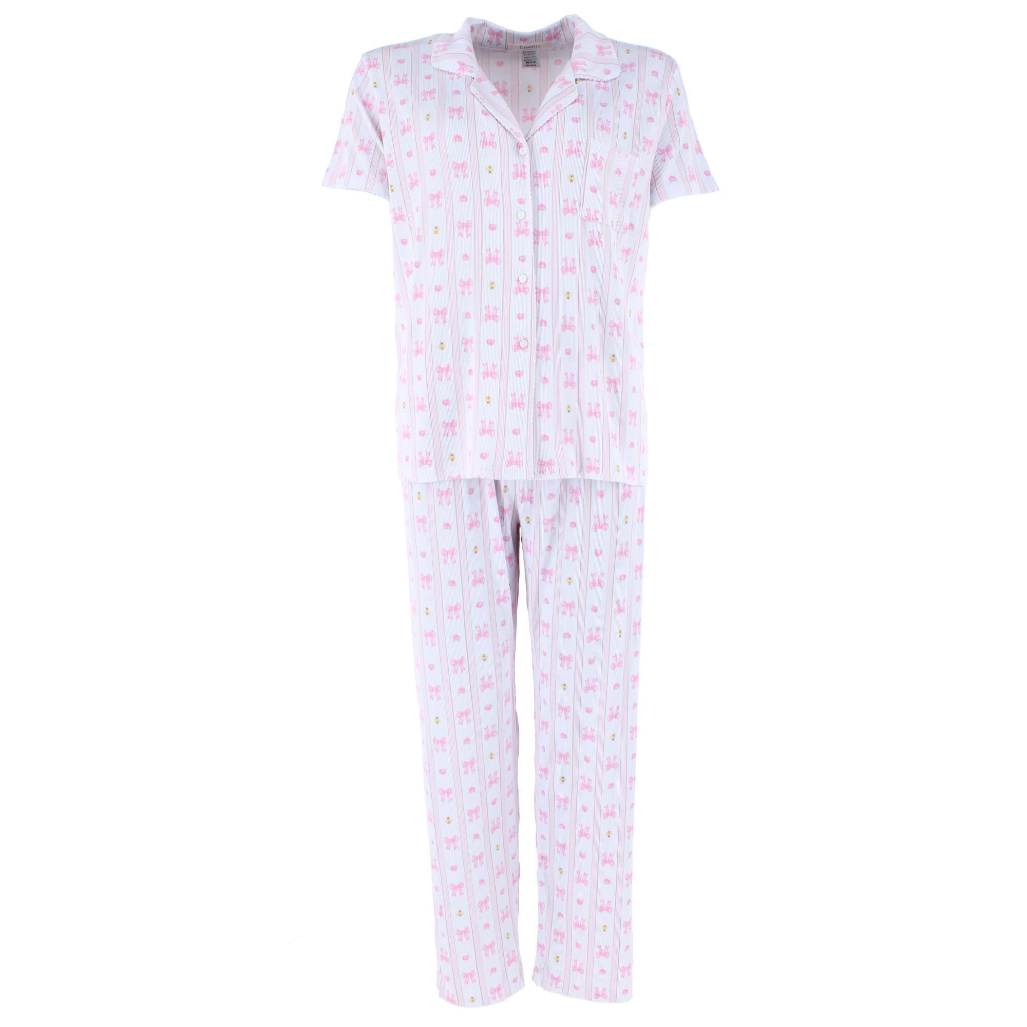 CTM Women's Notched Collar Bow Striped Pajama Set by Gabriella