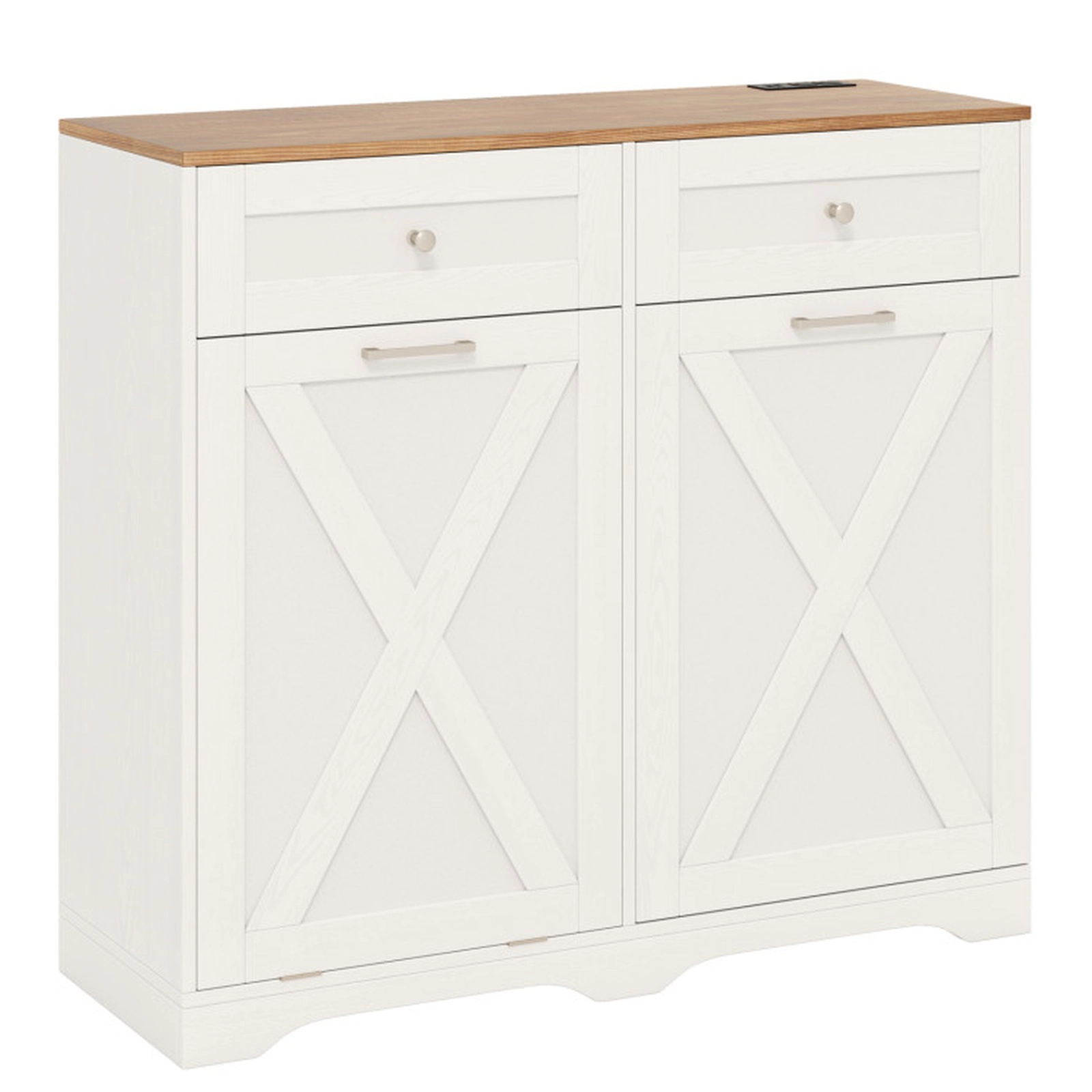 SUGIFT Tilt Out Trash Can Cabinet Sideboard with Power Outlets and Shelf 100-lb Countertop 35-lb Trash Can Holder