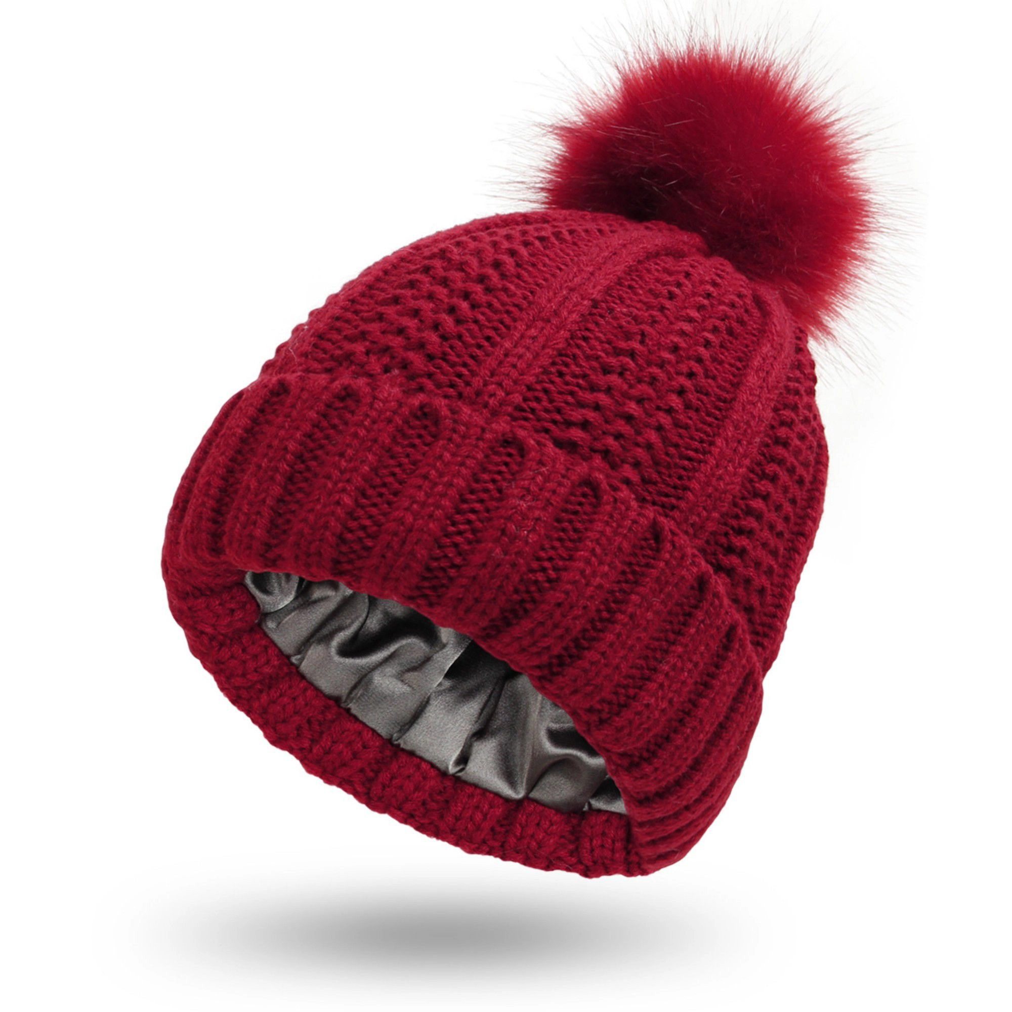 Anna-Kaci Women's Satin-Lined Ribbed Knit Fluffy Pom Winter Beanie Hat