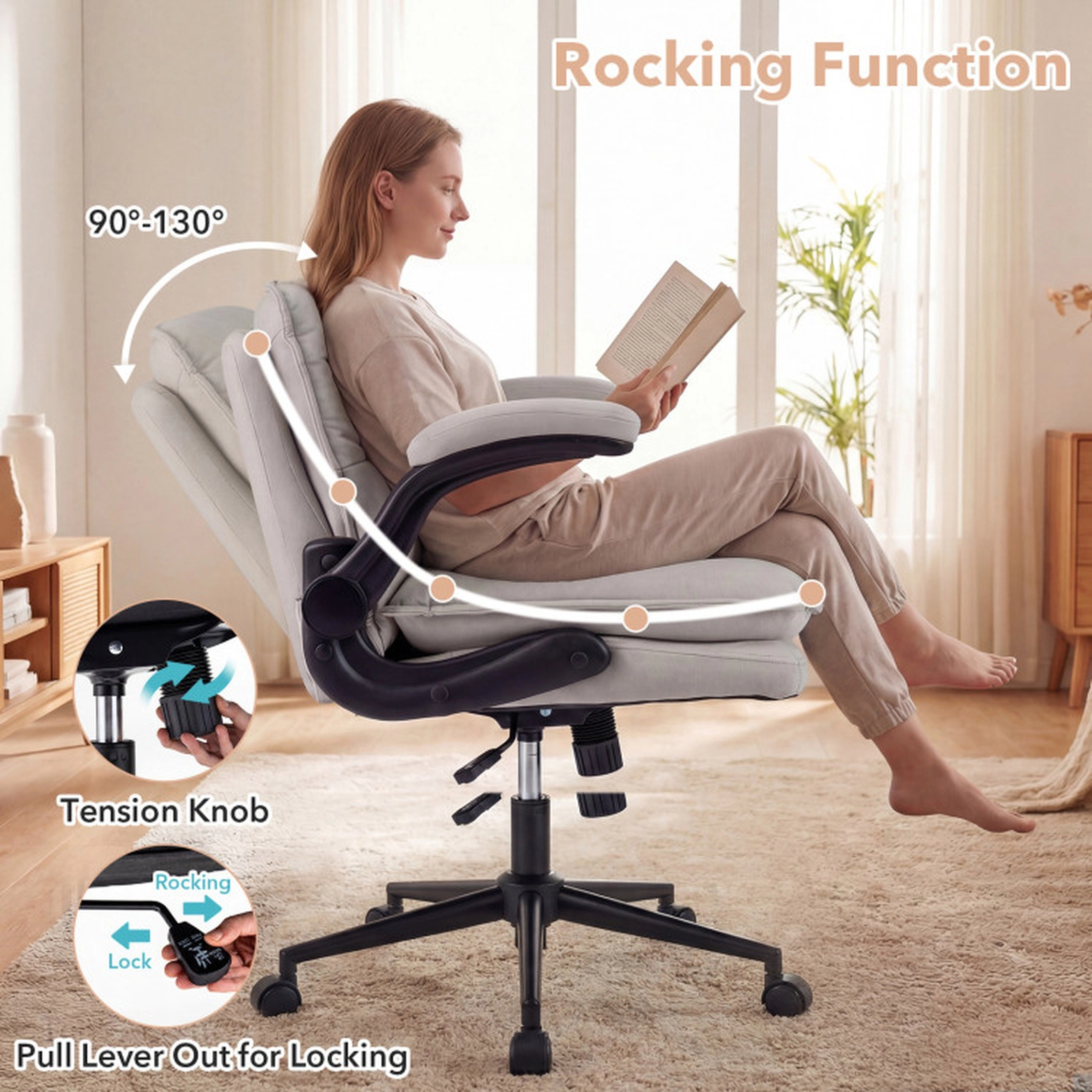 SUGIFT Flip-up Arms Adjustable Height Criss Cross Rolling Office Chair 31-in x 27-in x 32.5-in 330-lb Beige