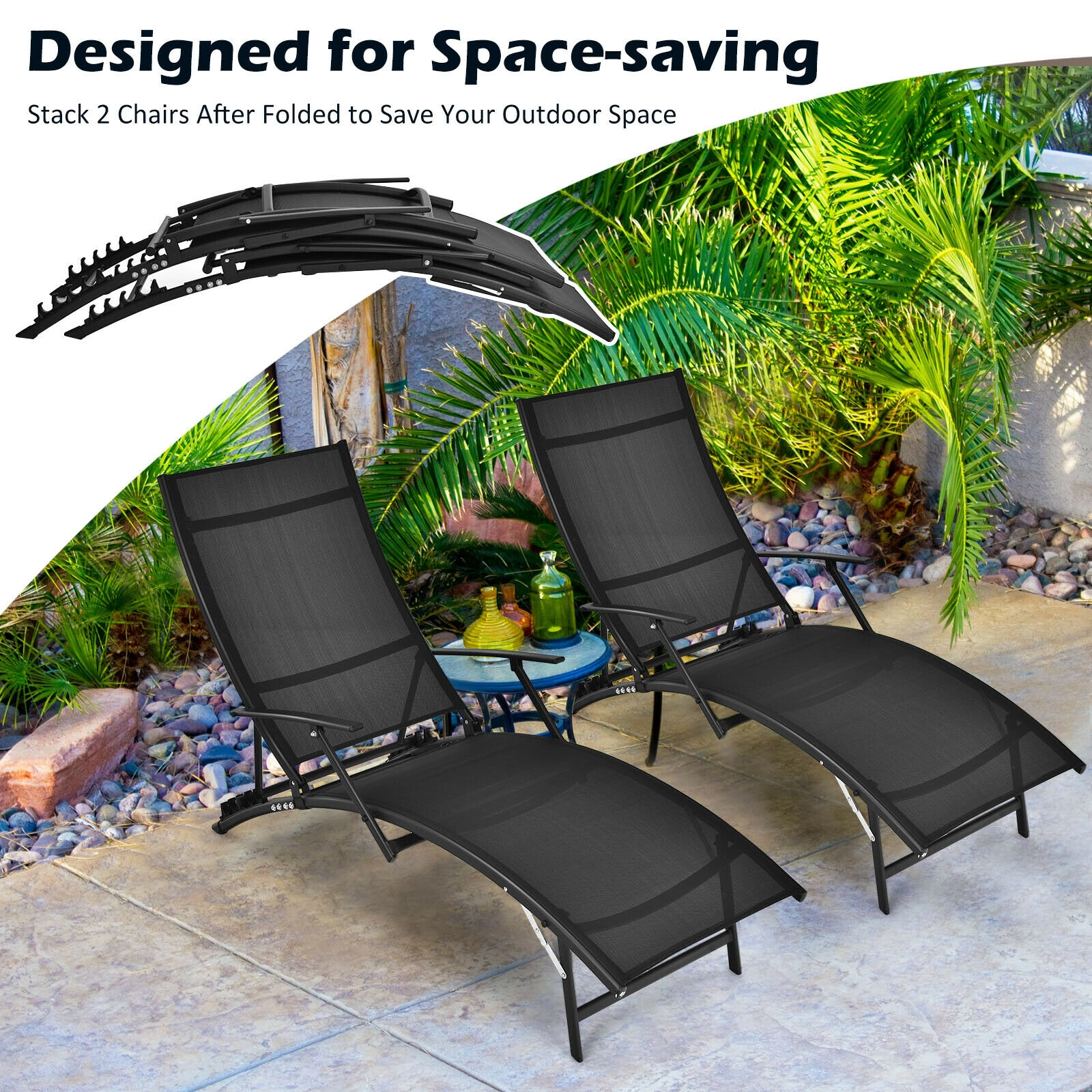 Hivvago 2 Pieces Patio Folding Stackable Lounge Chair Chaise with Armrest