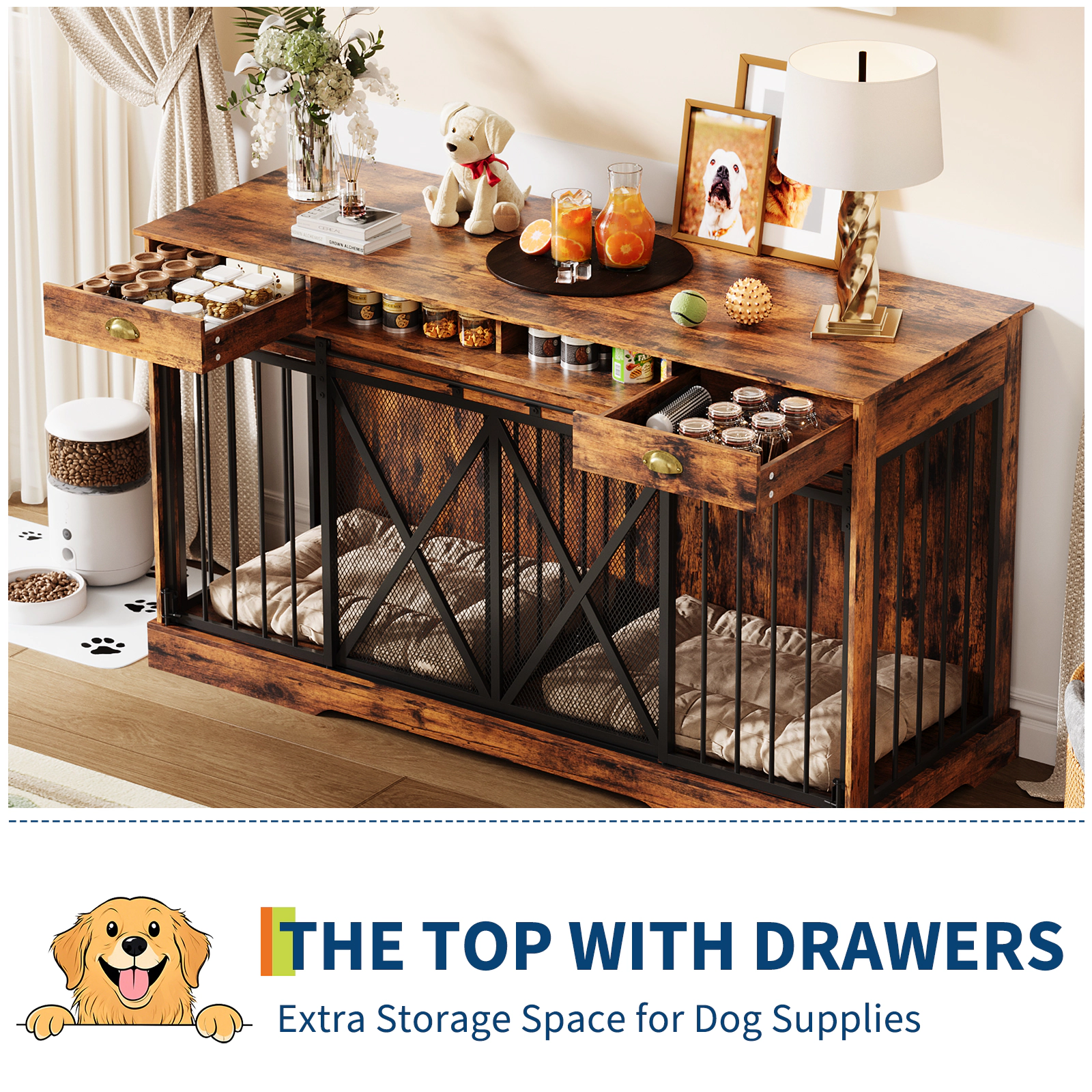 63" Extra Large Double Dog Crate with Removable Divider & 2 Drawers, Heavy Duty Furniture TV Stand
