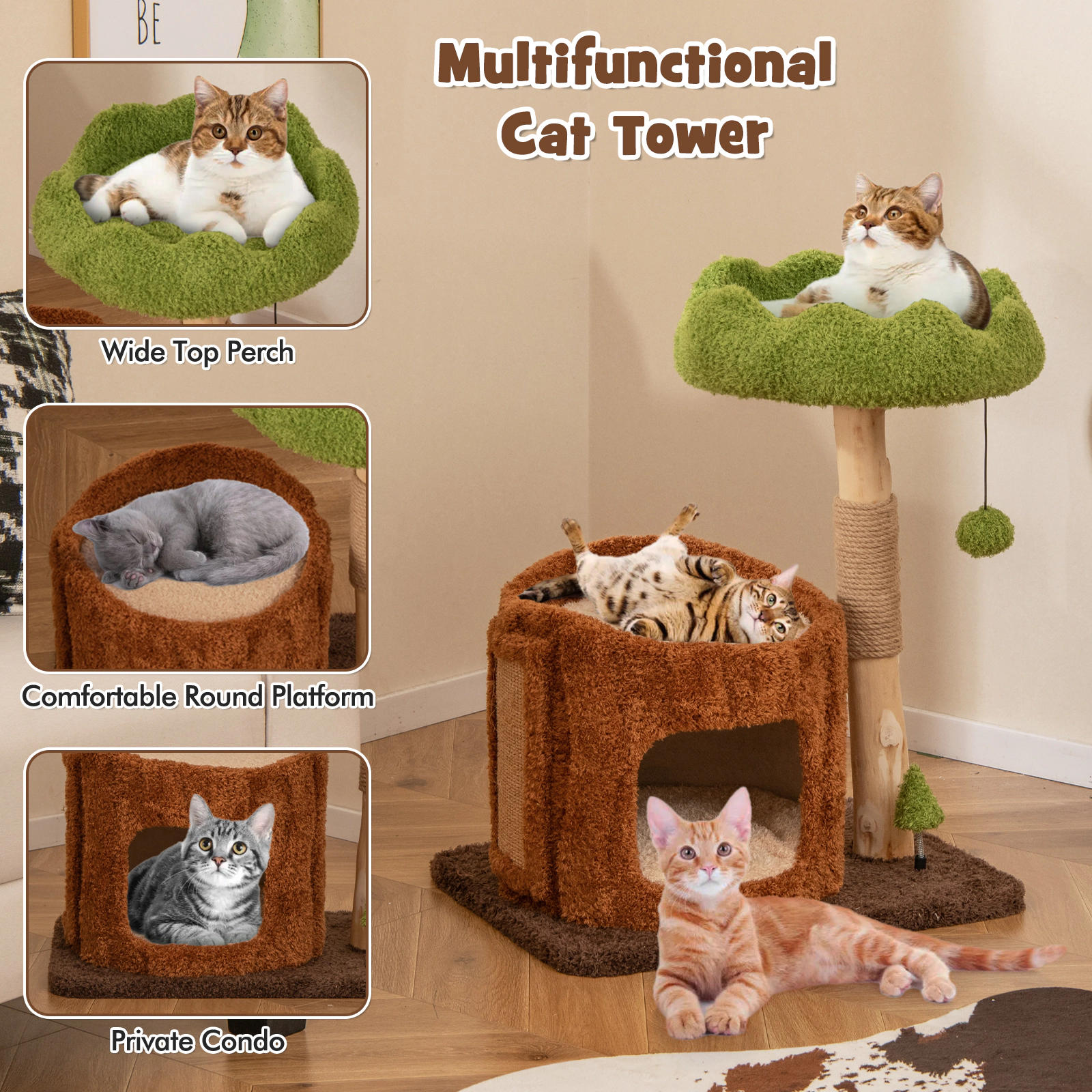 SUGIFT 29-in Cat Tree Tower with 16-in Round Condo Sisal Post Scratching Panel and Wide Top Perch