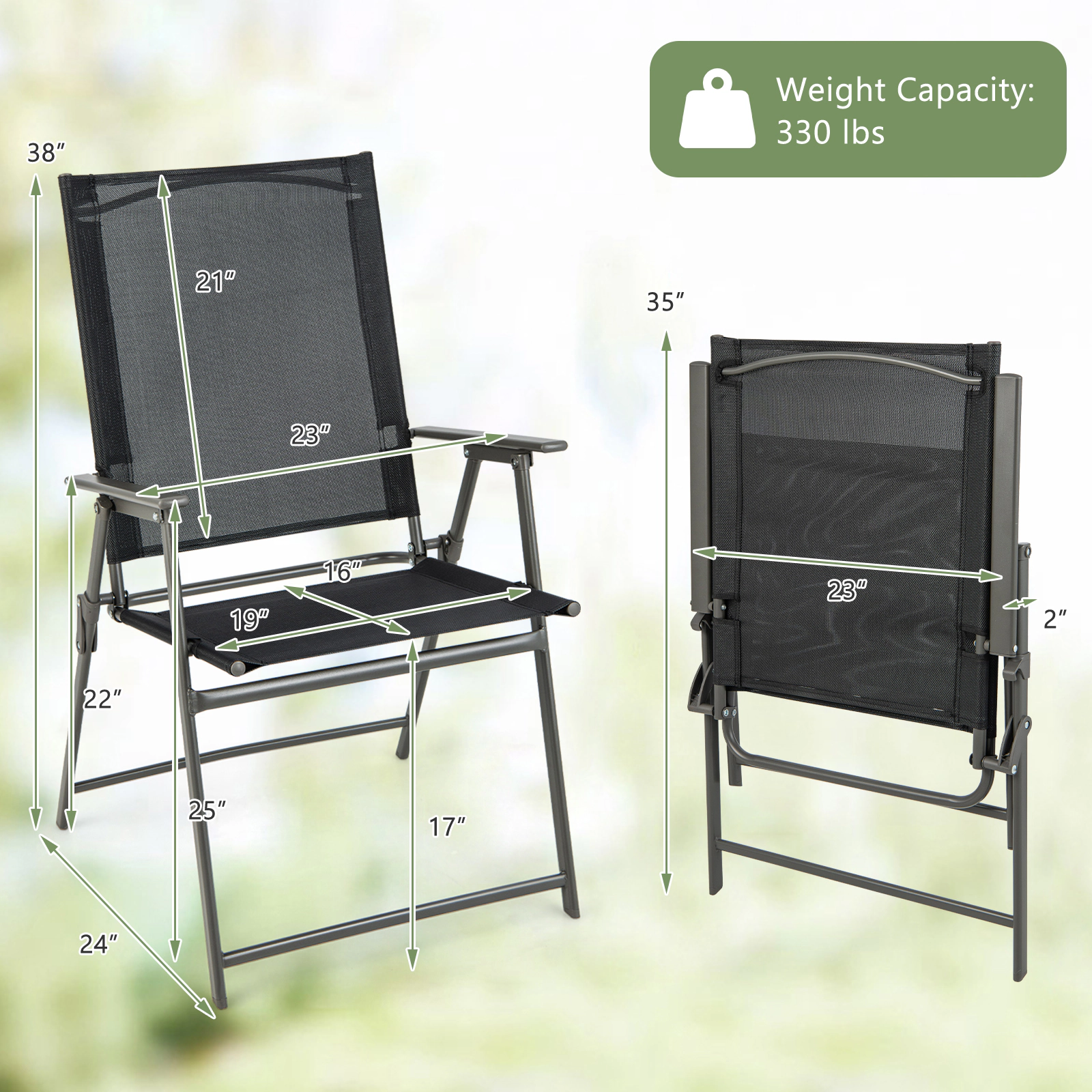 LJG 2 Pieces Patio Folding Chairs with Armrests for Deck Garden Yard