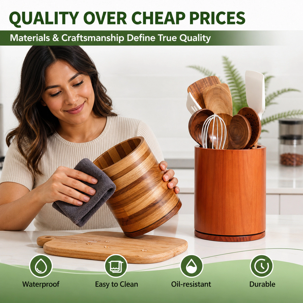 WZK Rustic Farmhouse Wood Rotating Kitchen Utensil Holder