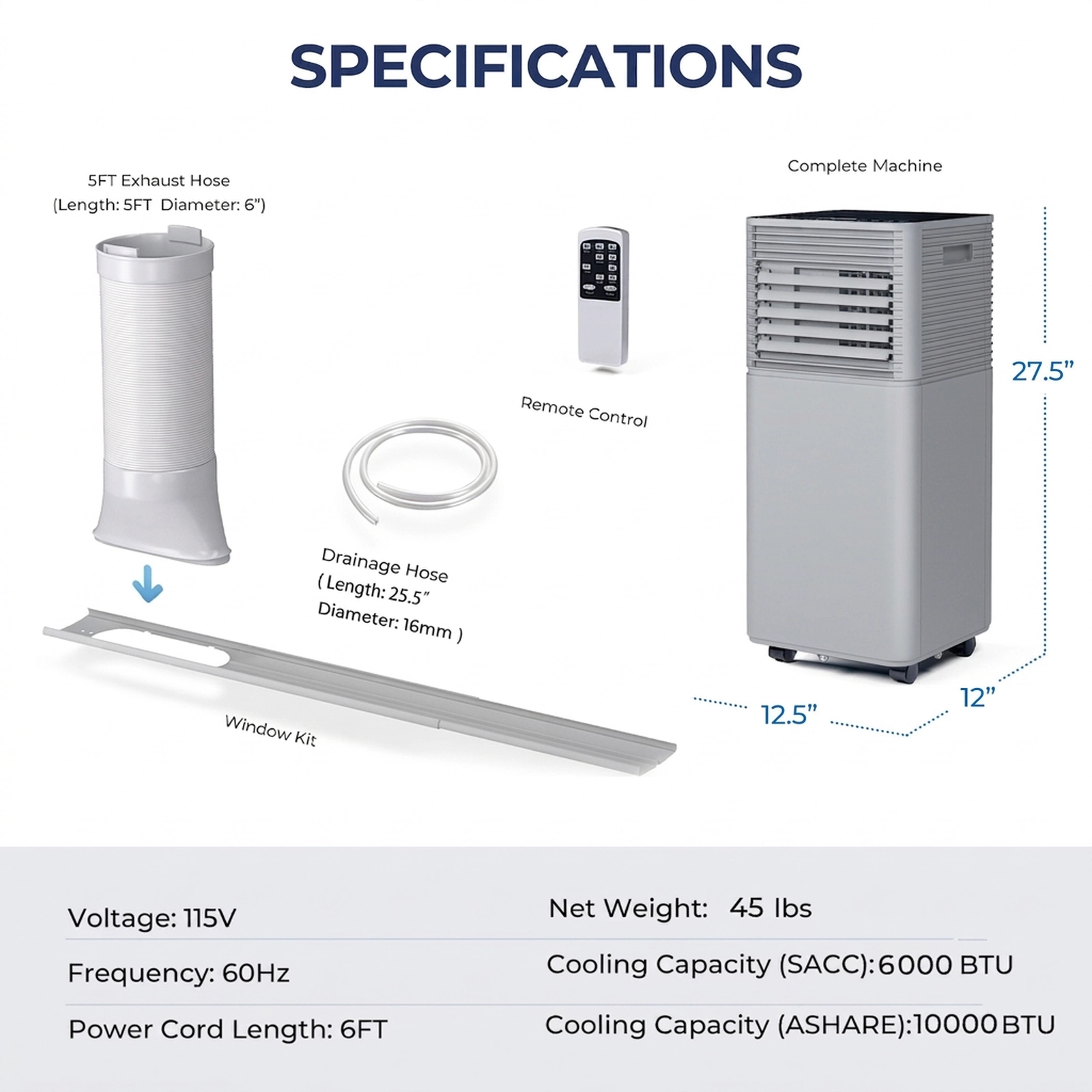 SUGIFT 10000-BTU 3-in-1 Portable Air Conditioner with Dehumidifier Fan Mode Remote Control and Window Kit
