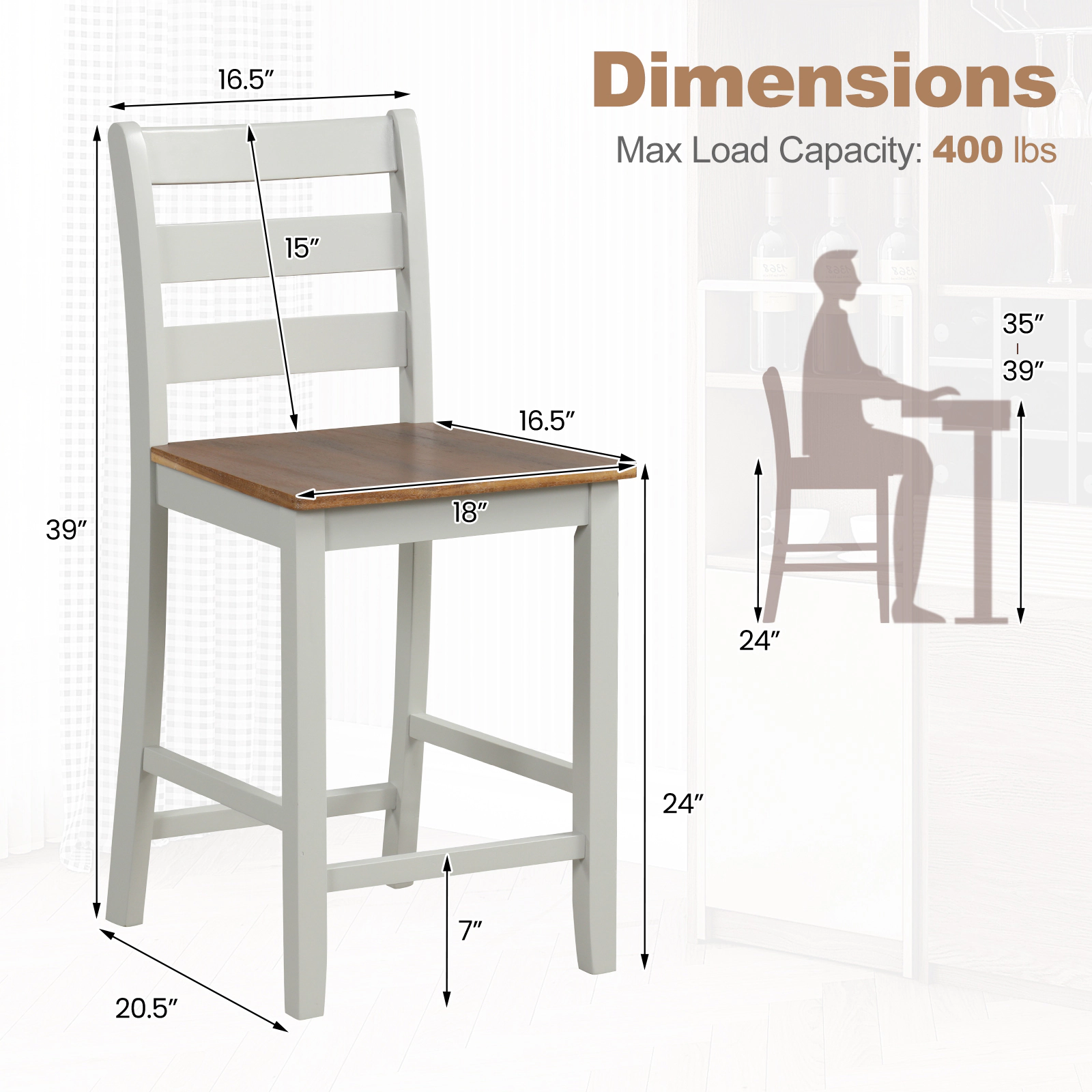 SUGIFT Set of 2 Wooden Counter Bar Stools with Inclined Backrest and Footrest 400-lb Capacity Gray & Walnut
