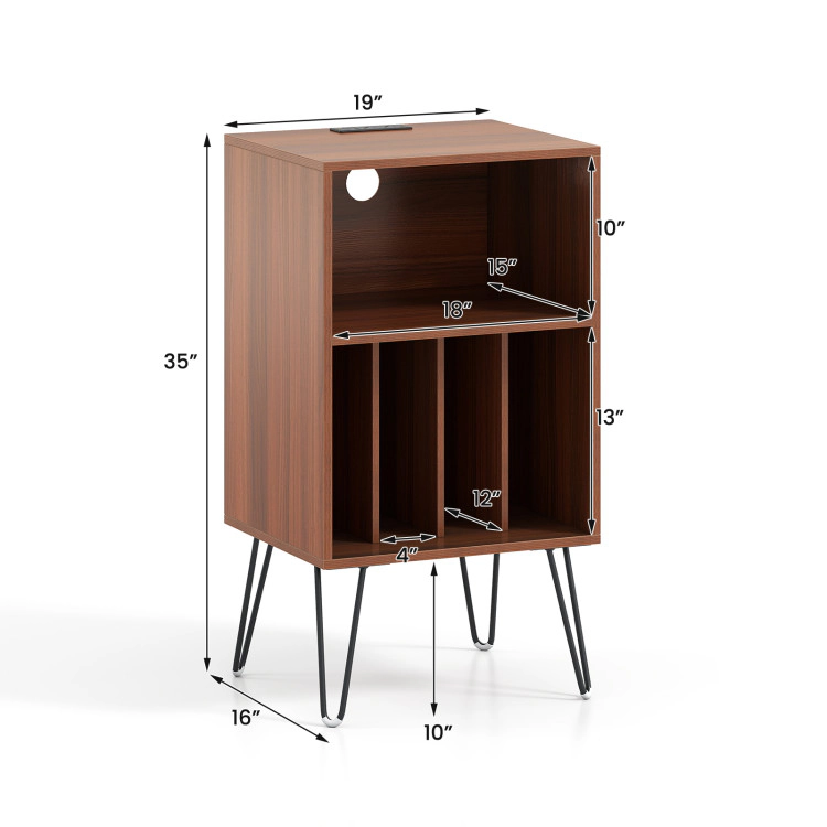 Hivvago Stylish Turntable Console with Power Hub and Record Storage Shelves