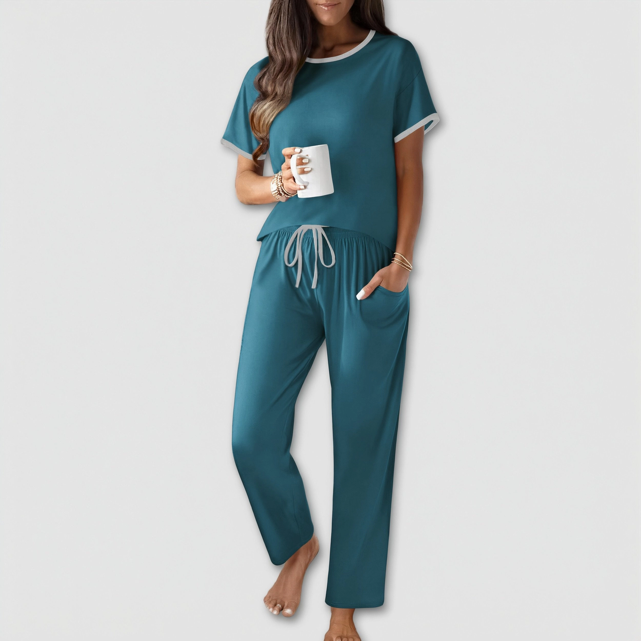 Ekouaer Cotton Pajama for Women Short Sleeve Pj Top with Long Pants 2 Piece Lounge Set Pocket
