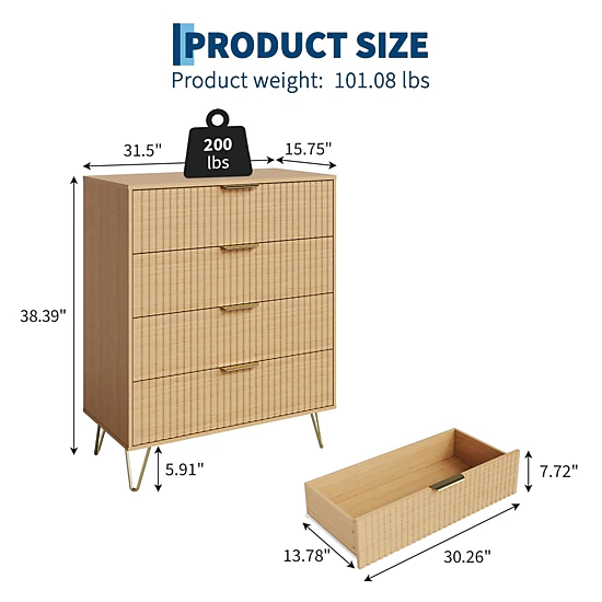 38" Tall Fluted 4 Drawer Dresser with Metal Handles, Modern Wood Storage Chest