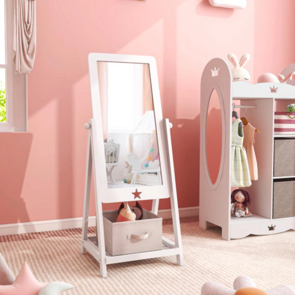 Hivvago Kids Full Length Wooden Standing Mirror With Bottom Shelf And Foldable Storage Bin-White