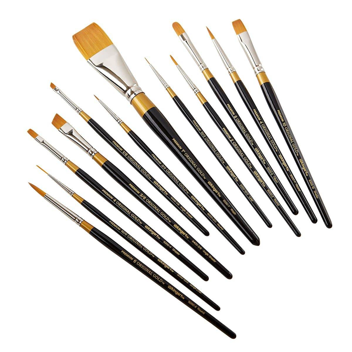 KINGART Original Gold Golden Taklon 12-Piece Multimedia Brush Set