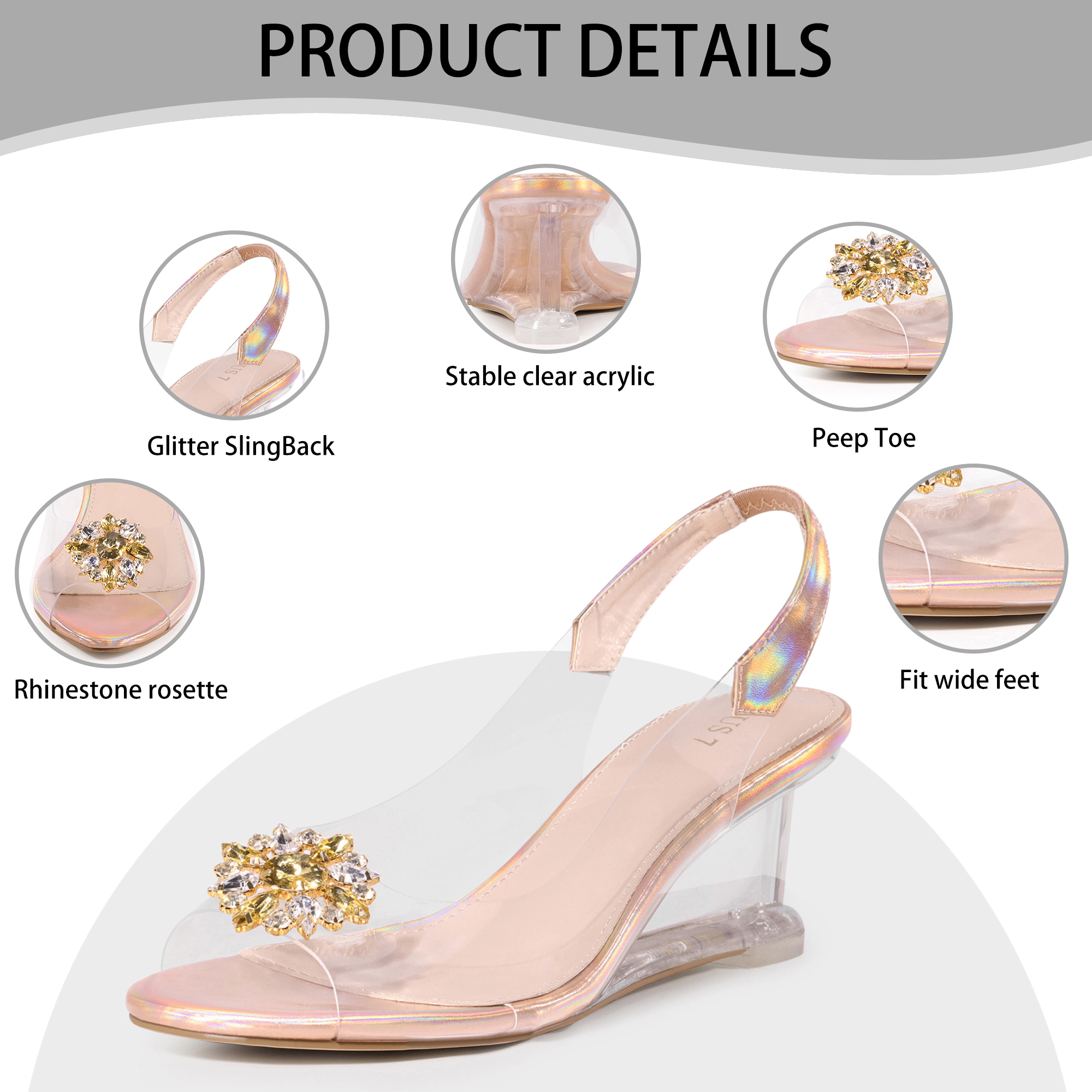 BLISSFUL STEP Women's Rhinestone Clear Peep Toe Wedge Heel Slingback Slip On Sandal