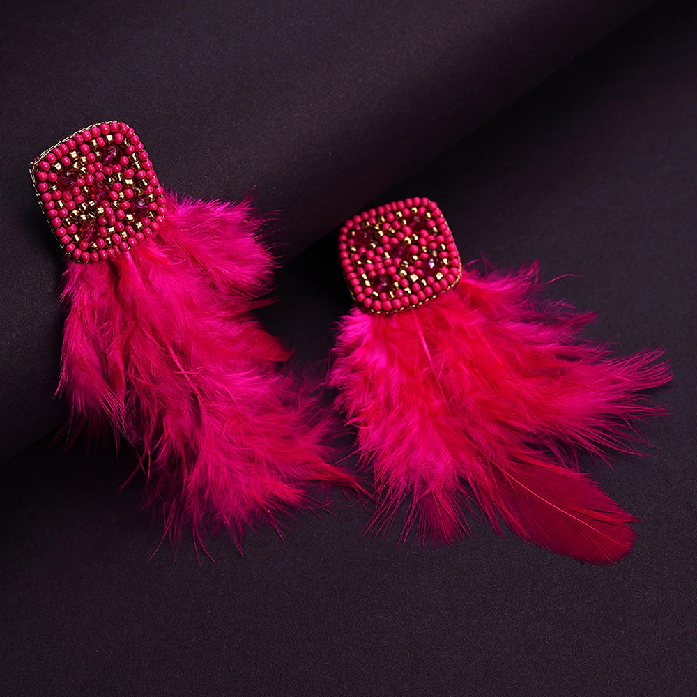 SOHI Women's Pink Beaded Feather Drop Earrings