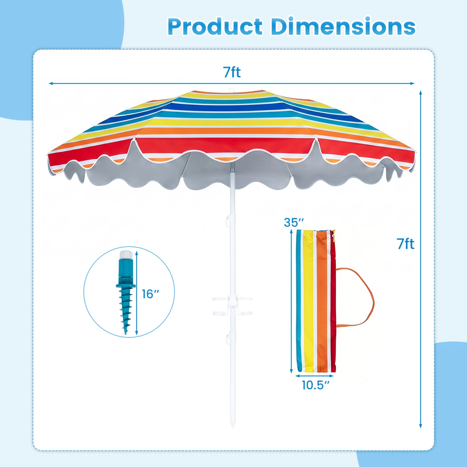 SUGIFT 7-ft Rainbow UPF 50+ Beach Umbrella with 16-in Sand Anchor Tilt Fiberglass Ribs and Cup Holders