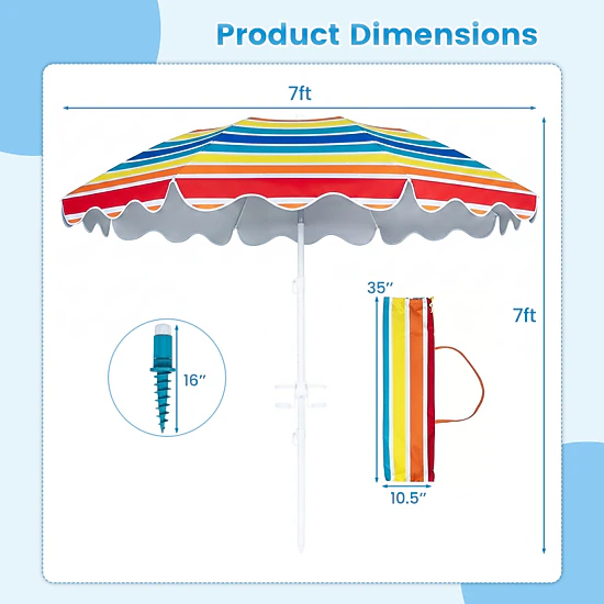 SUGIFT 7-ft Rainbow UPF 50+ Beach Umbrella with 16-in Sand Anchor Tilt Fiberglass Ribs and Cup Holders