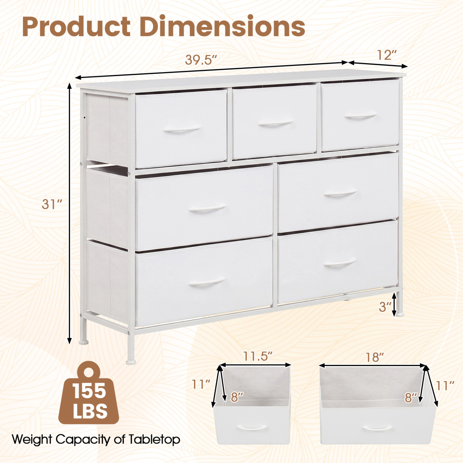 LJG 7-Drawer Wide Dresser with 2-Sized Folding Fabric Drawers for Bedroom