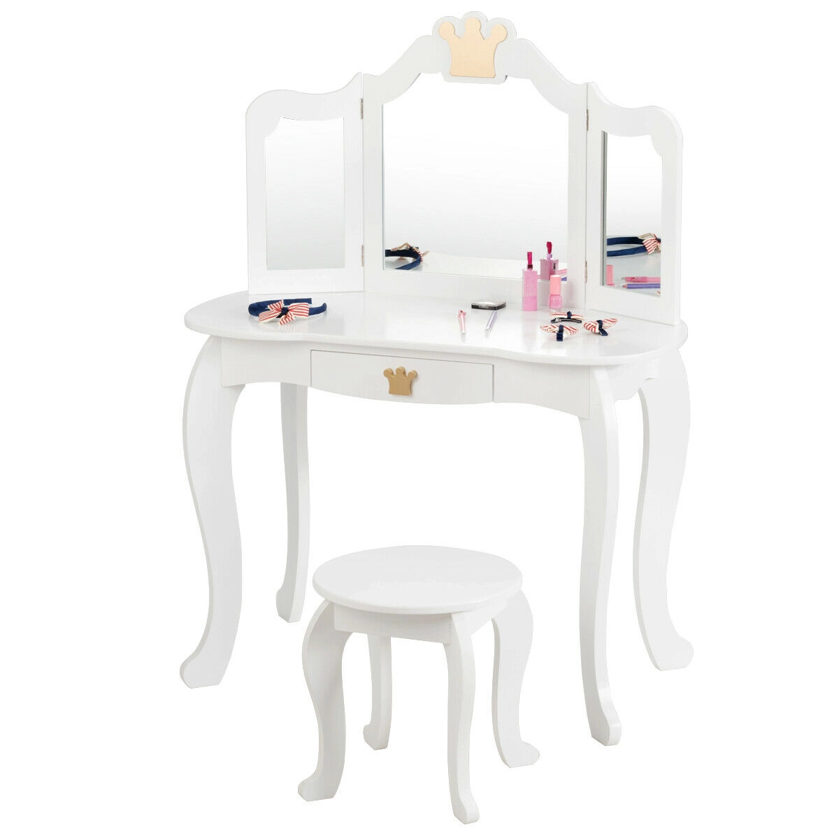 SUGIFT Kids Makeup Dressing Table Vanity with Tri-folding Mirror & Stool 33-lb Table Capacity 66-lb Stool Capacity White