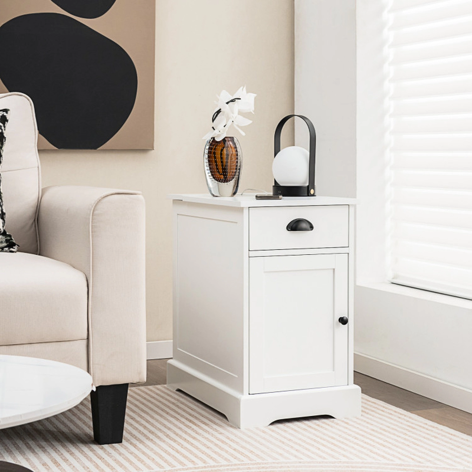 SUGIFT End Table with Charging Station and Flip Top 66-lb Tabletop Capacity 2-Outlet 2-USB White