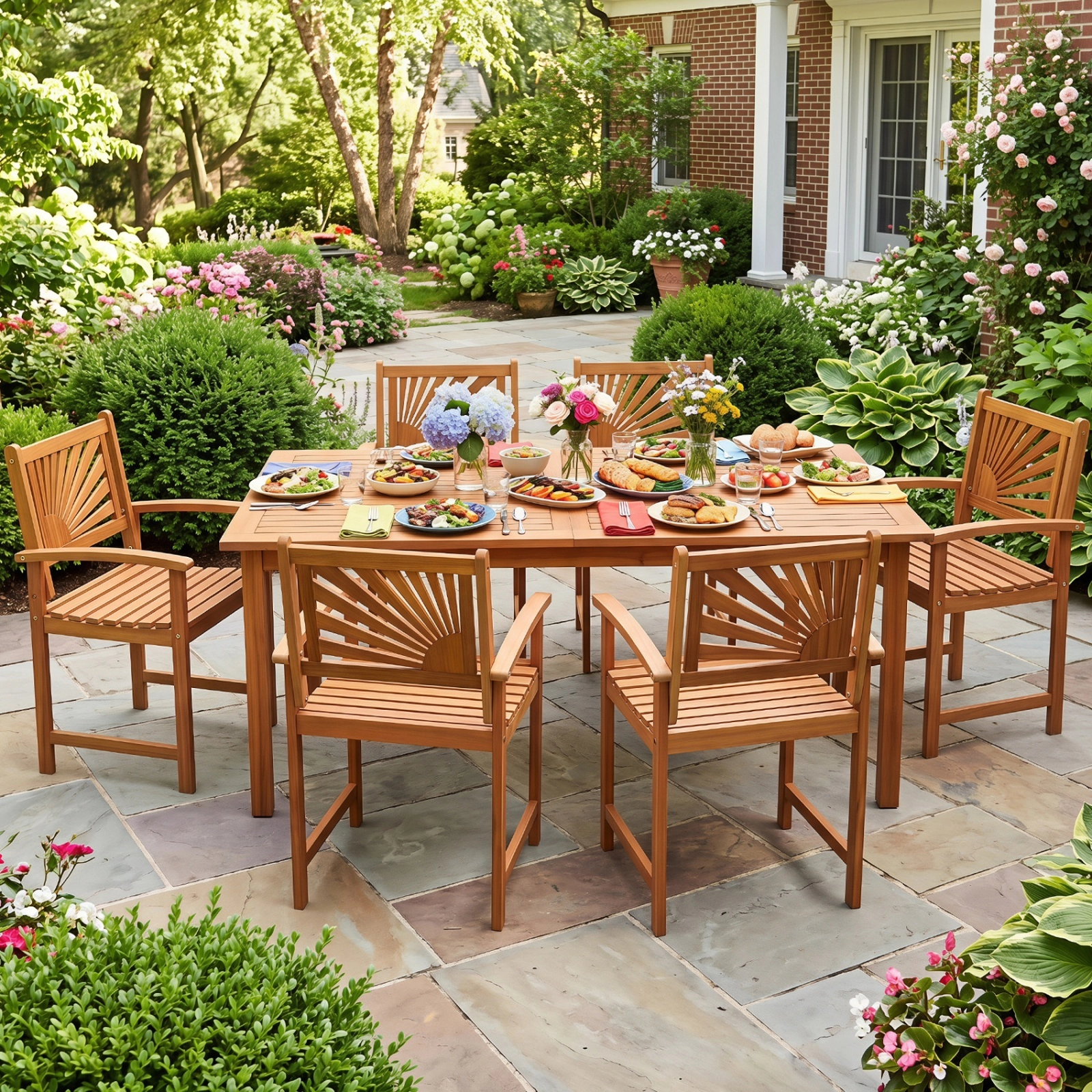 SUGIFT Set of 2 Outdoor Acacia Wood Dining Chairs, Curved Arms, Slatted Seats, 18 in Seat Height