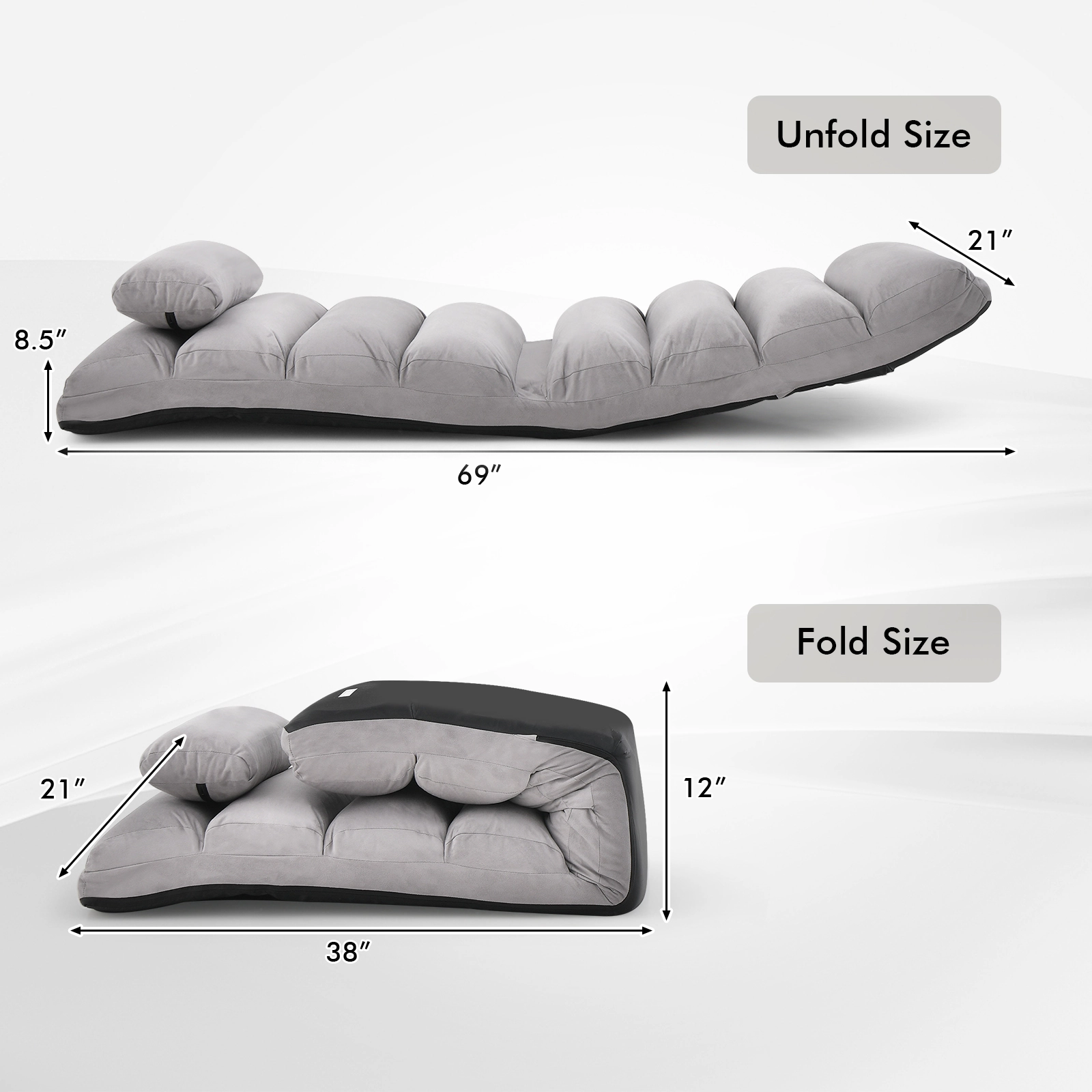 SUGIFT 5-Position Backrest 3-Position Footrest Faux Suede Floor Sofa Chair 70-in x 22-in x 8.5-in 230-lb Capacity Gray