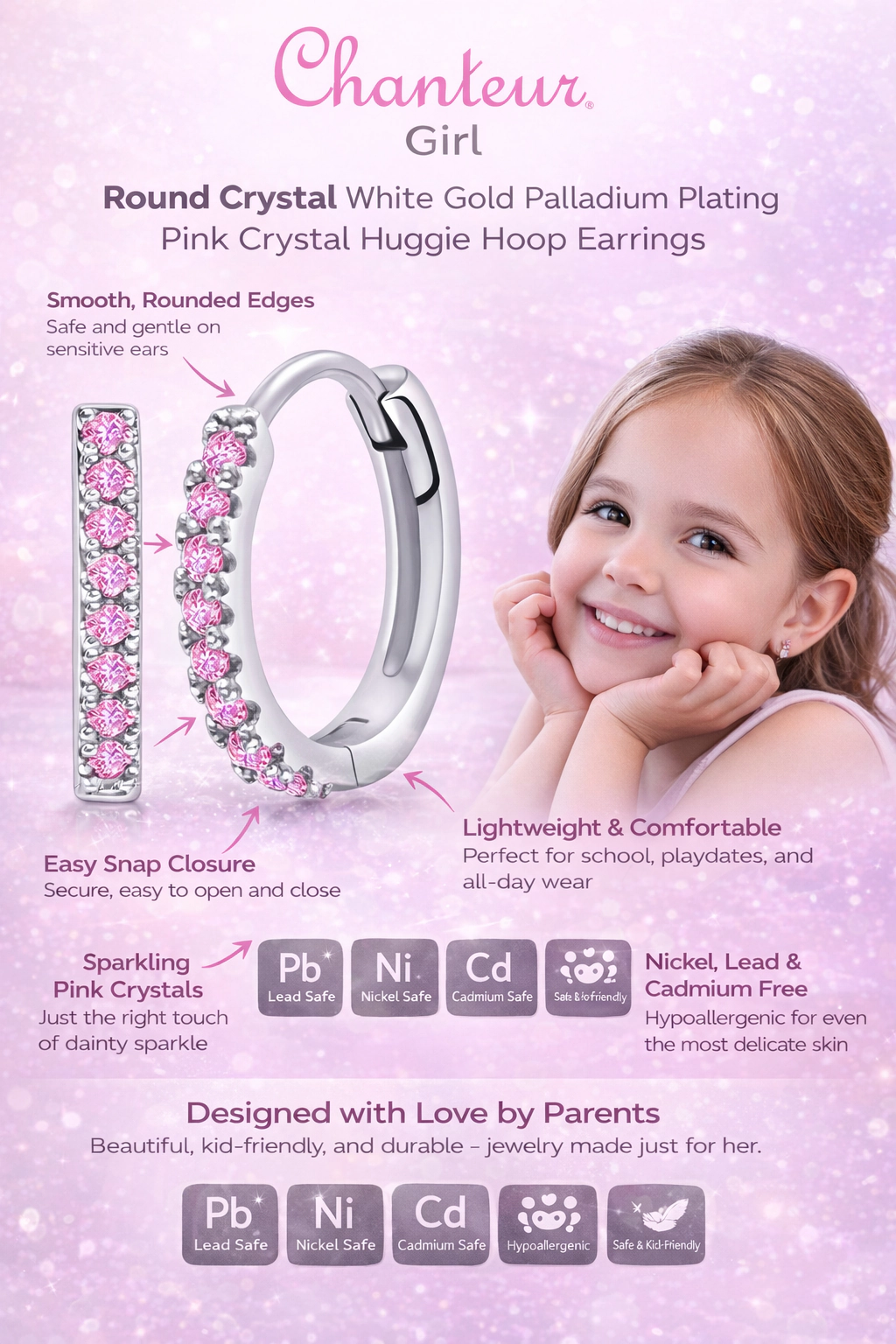 CHANTEUR Kids Pink Crystal Huggie Hoop Earrings - White Gold Palladium Plating, Nickel/Lead/Cadmium Safe