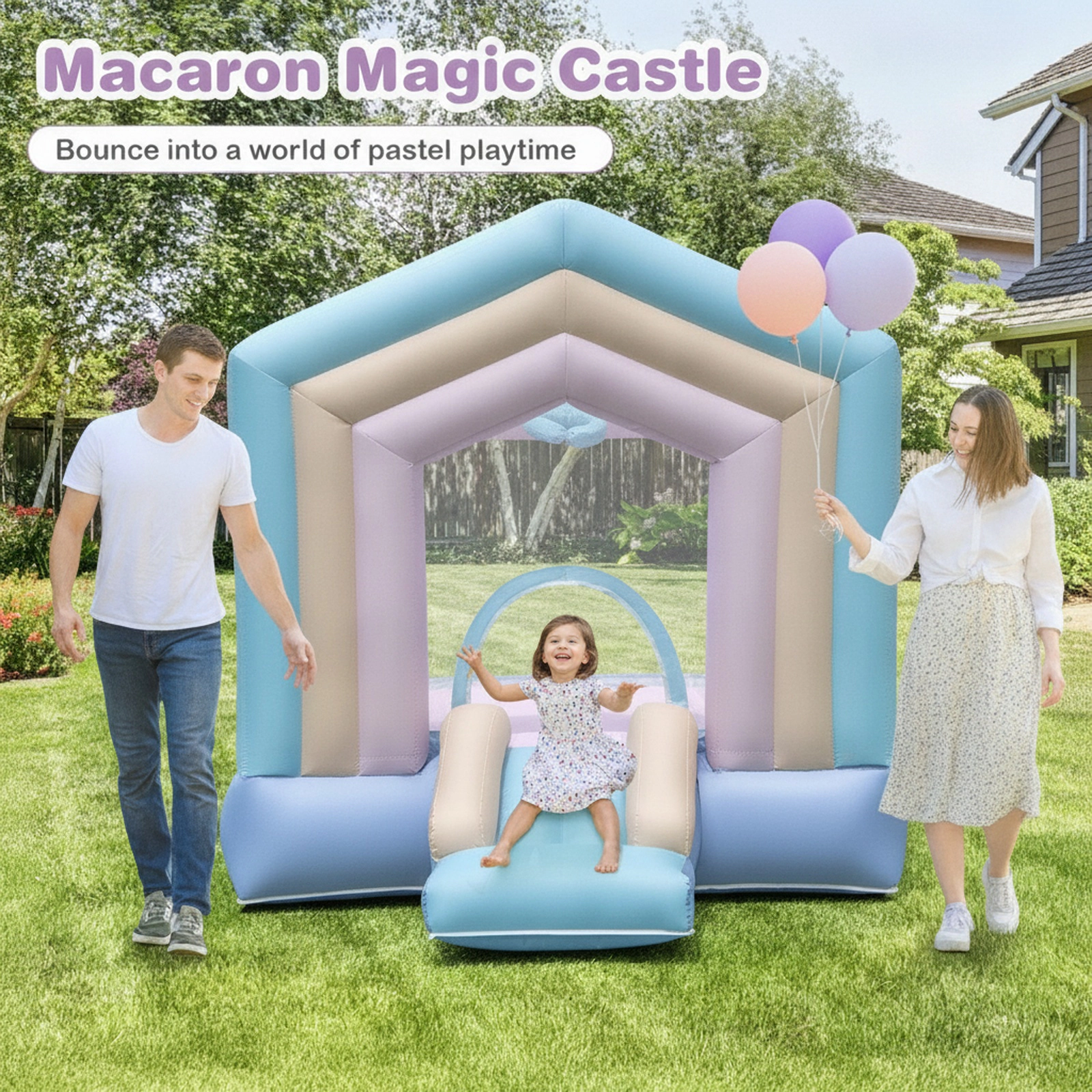 Kids Bounce House with Slide and Basketball Rim 480W Blower Bouncy Castle for Party 65-lb per Child 130-lb Total