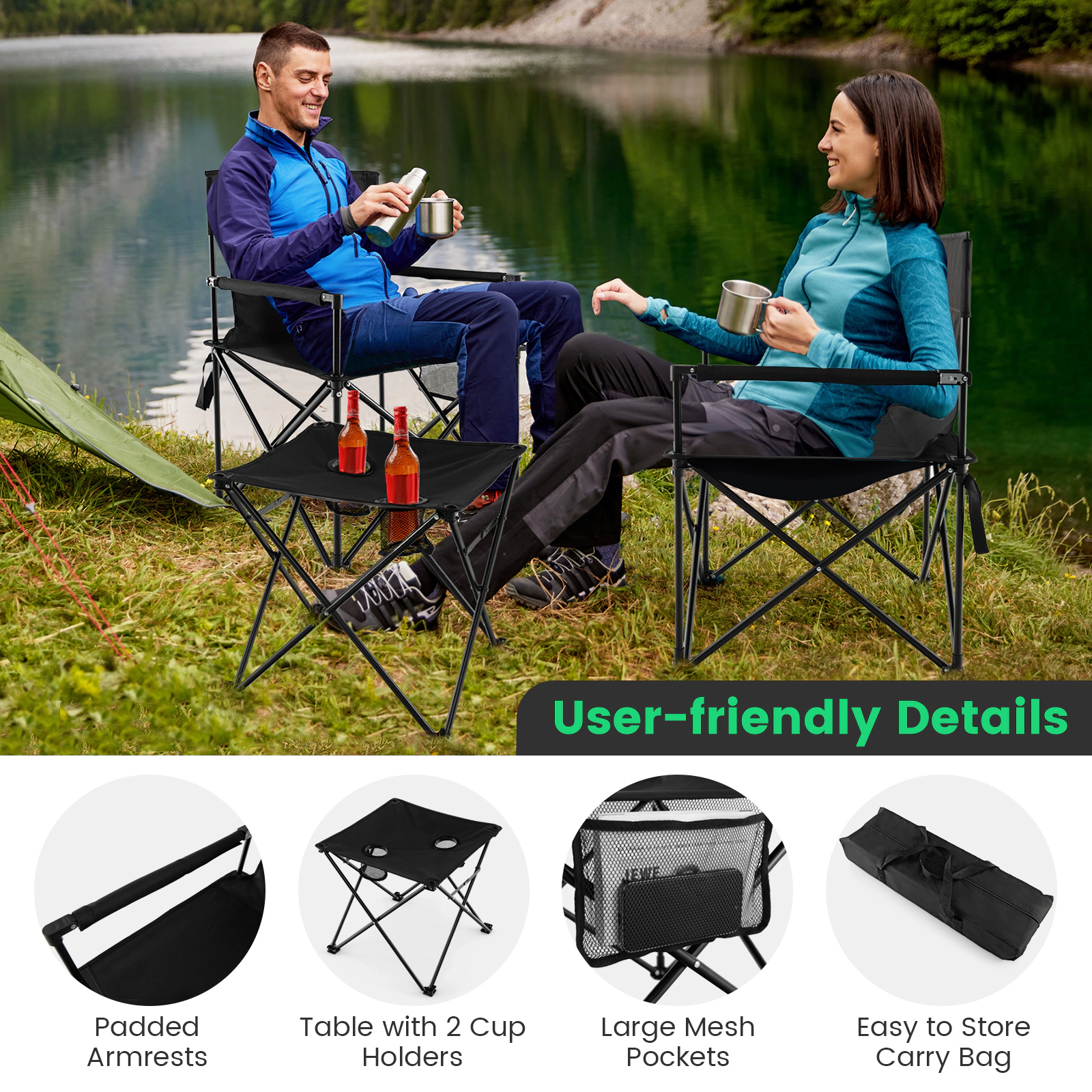 SUGIFT 400-lb Capacity Folding Camping Chairs and Table Set with Cup Holder Side Pockets and Carry Bag