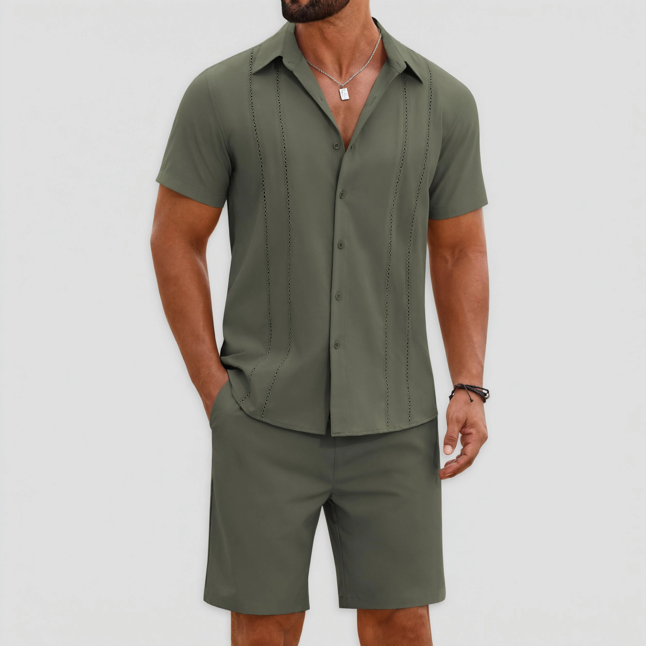 COOFANDY Mens Short Sleeve Button Down Shirts  Casual Pintuck Tops Shorts Set