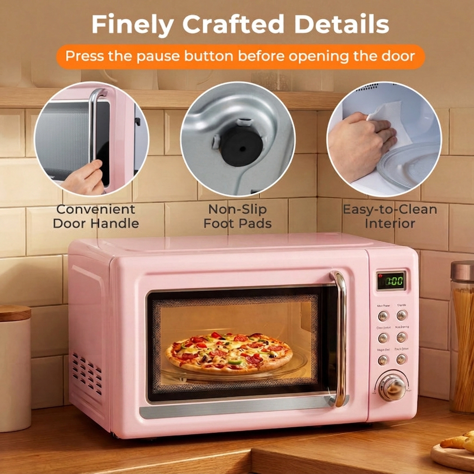 SUGIFT Pink Retro Countertop Microwave Oven with 5 Power Levels and Auto Cooking 0.7-Cu-Ft 700W 18-in W 14-in D