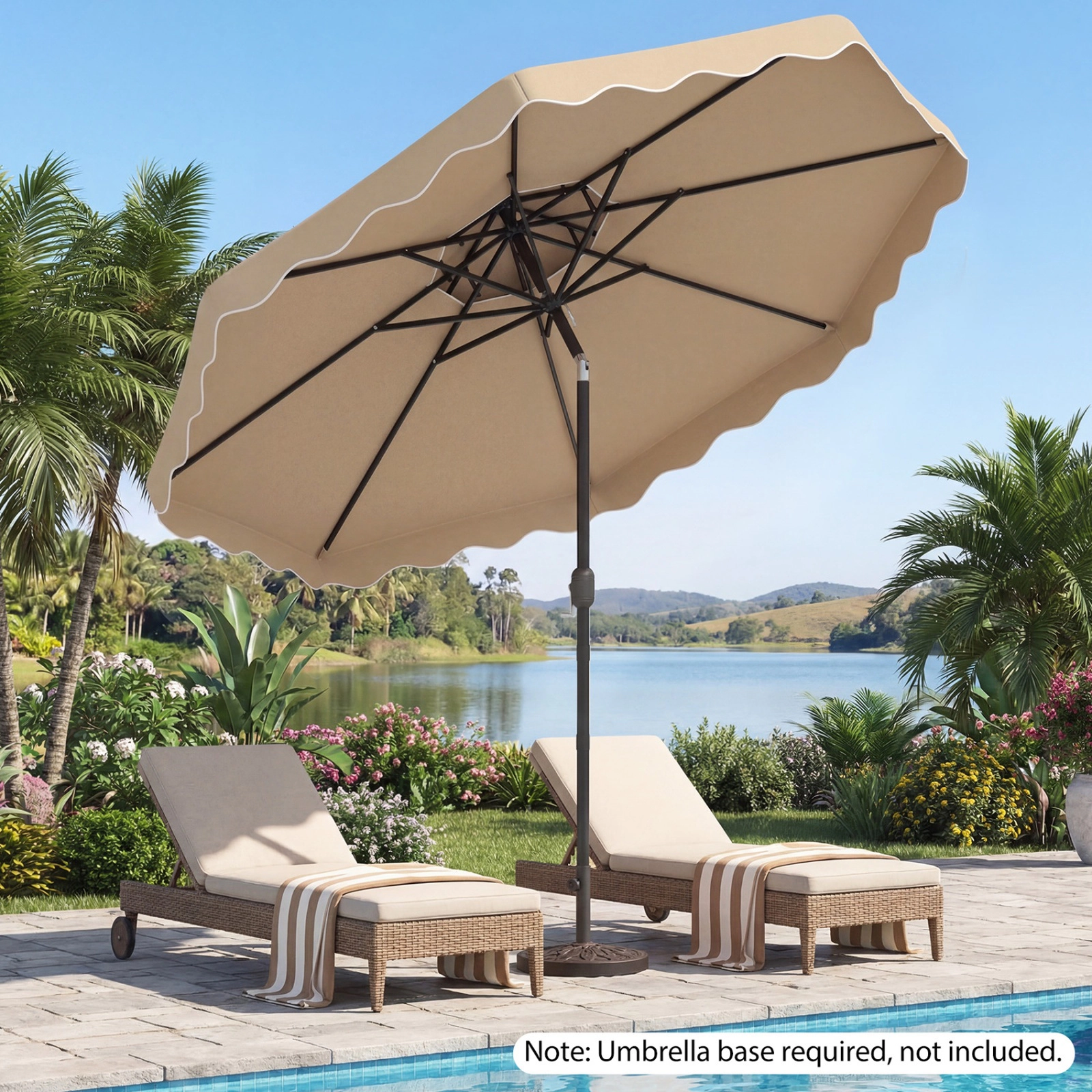 SUGIFT 10-ft Coffee Market Patio Umbrella, Scalloped Double-Vented Canopy, Crank Lift, Push-Button Tilt