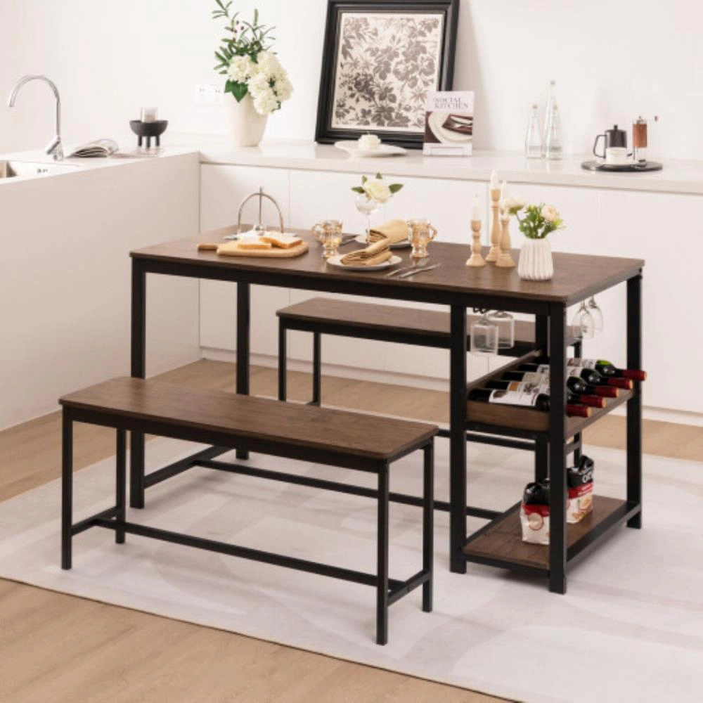 Hivvago 3 Pieces Dining Table Set For 4 With Wine Rack-Brown