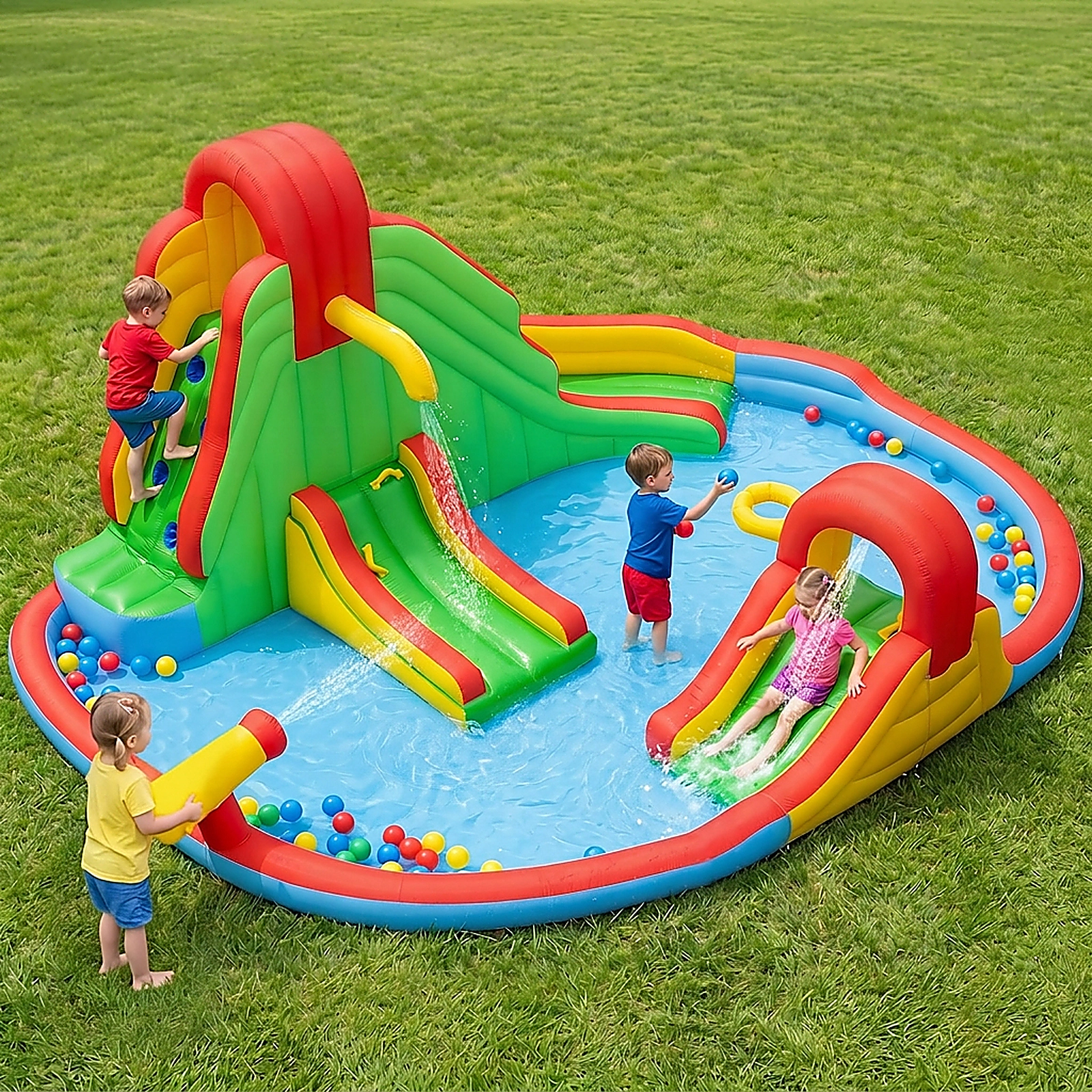 SUGIFT Kids Inflatable Bounce House Water Park with Splash Pool and 3 Water Slides 100-lb Capacity Ages 3-12 Multi-Color