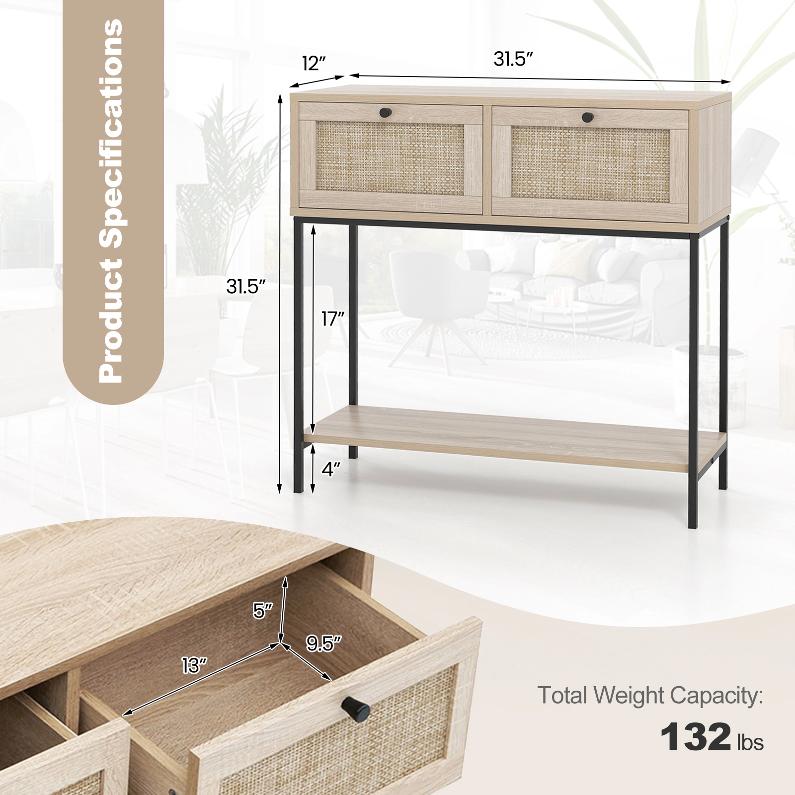 SUGIFT 31.5-in 132-lb Capacity Oak Boho Rattan Console Entryway Table with 2 Drawers and Open Storage Shelf
