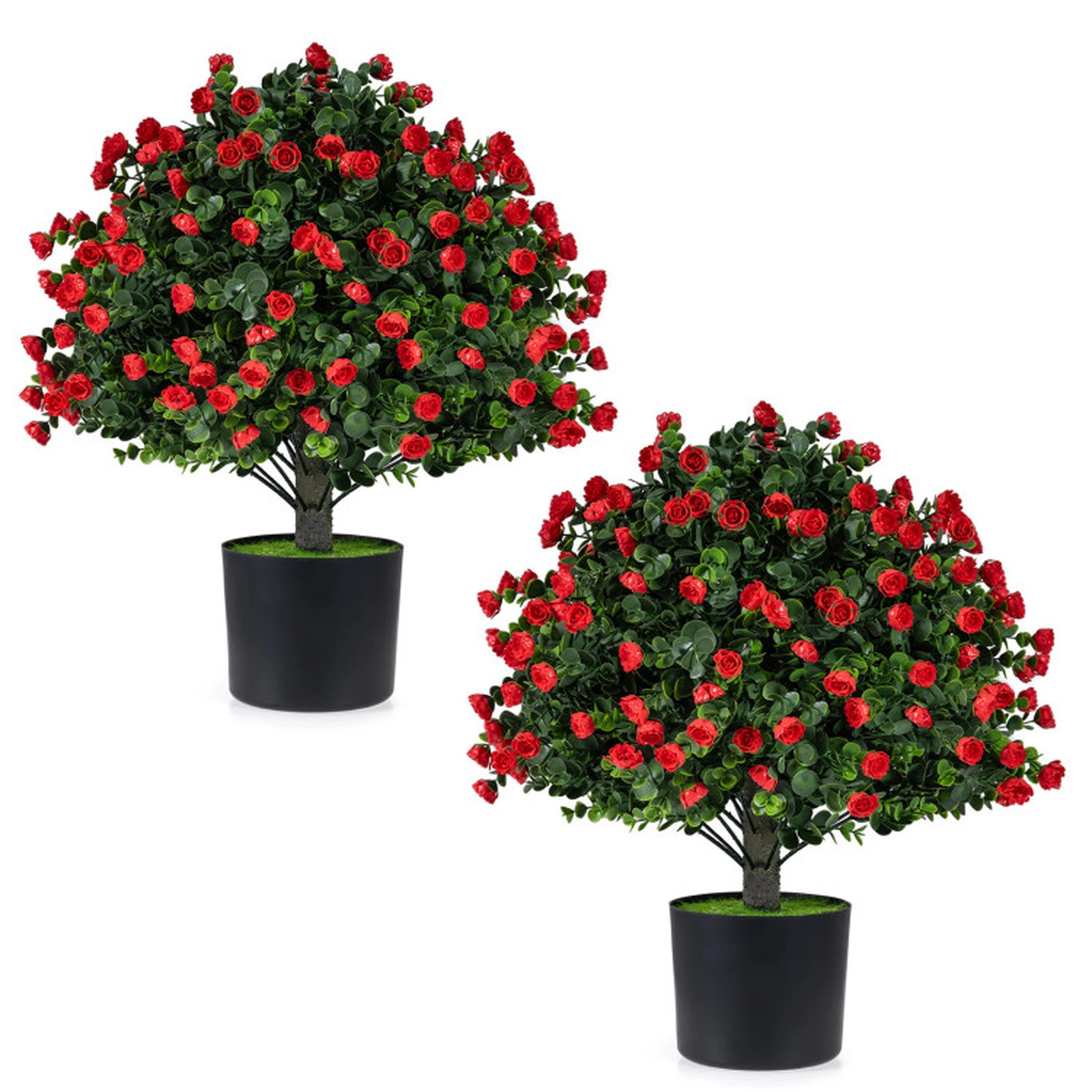 SUGIFT Set of 2 20-in Artificial Red Rose Topiary Ball Trees with Faux Grass and Cement-Filled Pots