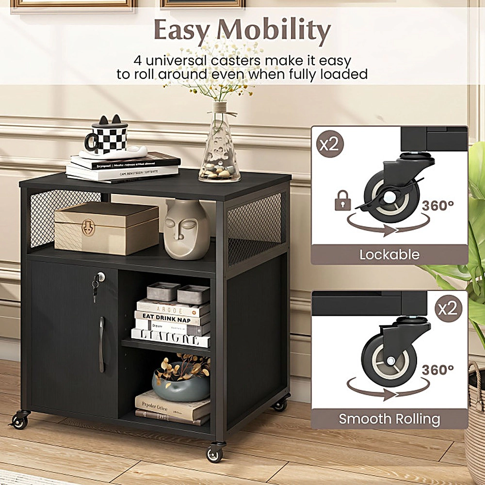 SUGIFT File Cabinet on Wheels Black with Charging Station and Cable Management Hole
