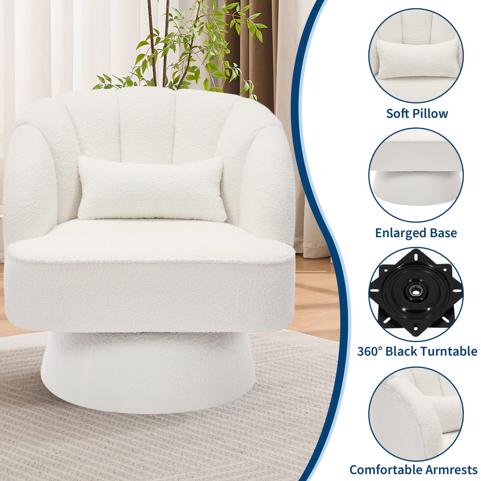 BebreezChic Beige Fleece 360 Swivel Barrel Accent Chair Round Upholstered Lounge Armchair for Living Room