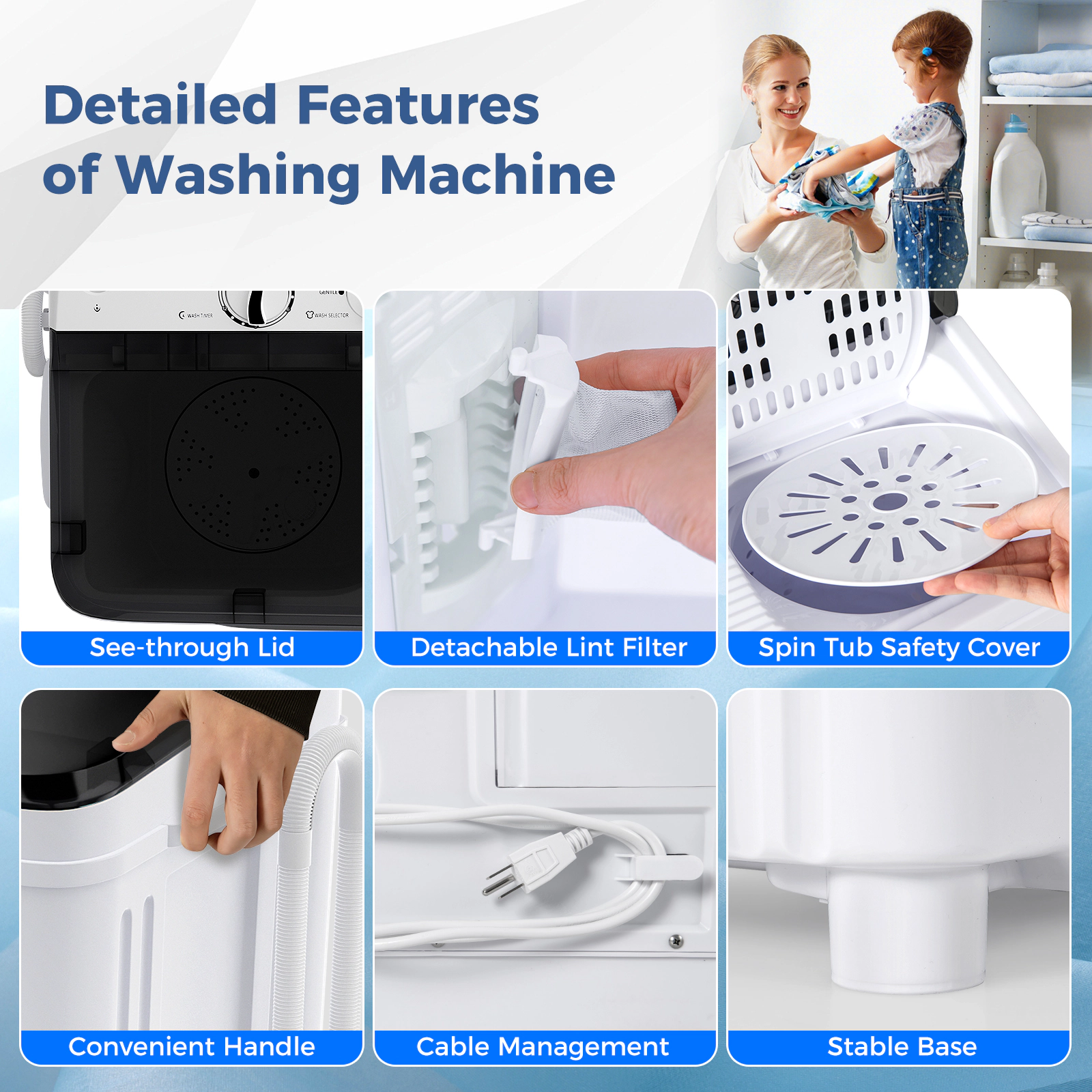 SUGIFT 17.6-lb Total 11-lb Wash 6.6-lb Spin Twin Tub Portable Washing Machine with Built-in Drain Pump