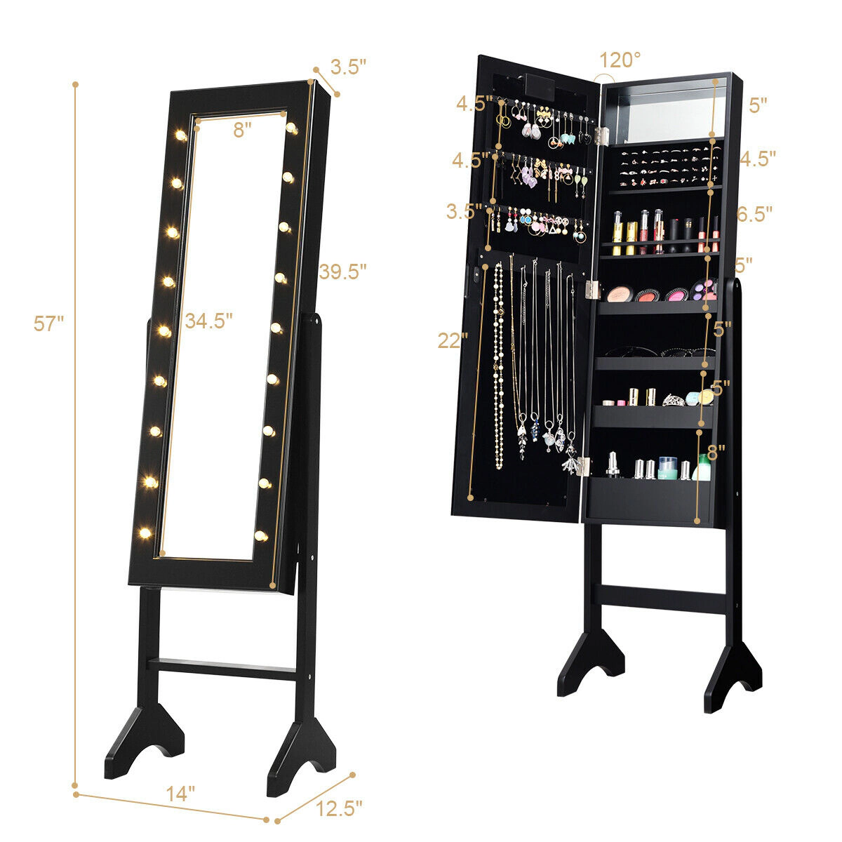 SUGIFT Free Standing Mirrored Jewelry Cabinet Armoire Organizer with LED Lights 57-in Tall Black