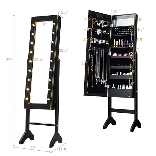 SUGIFT Free Standing Mirrored Jewelry Cabinet Armoire Organizer with LED Lights 57-in Tall Black