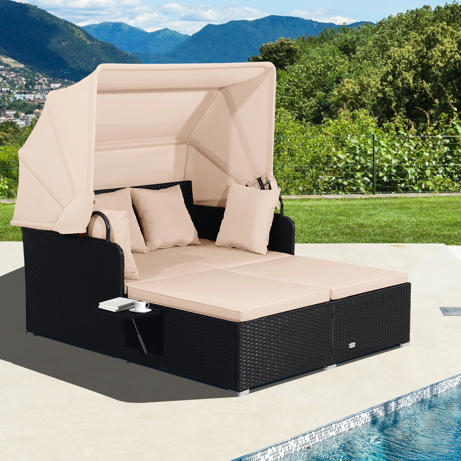 SUGIFT Retractable Canopy Side Trays and Cushions Patio Rattan Daybed