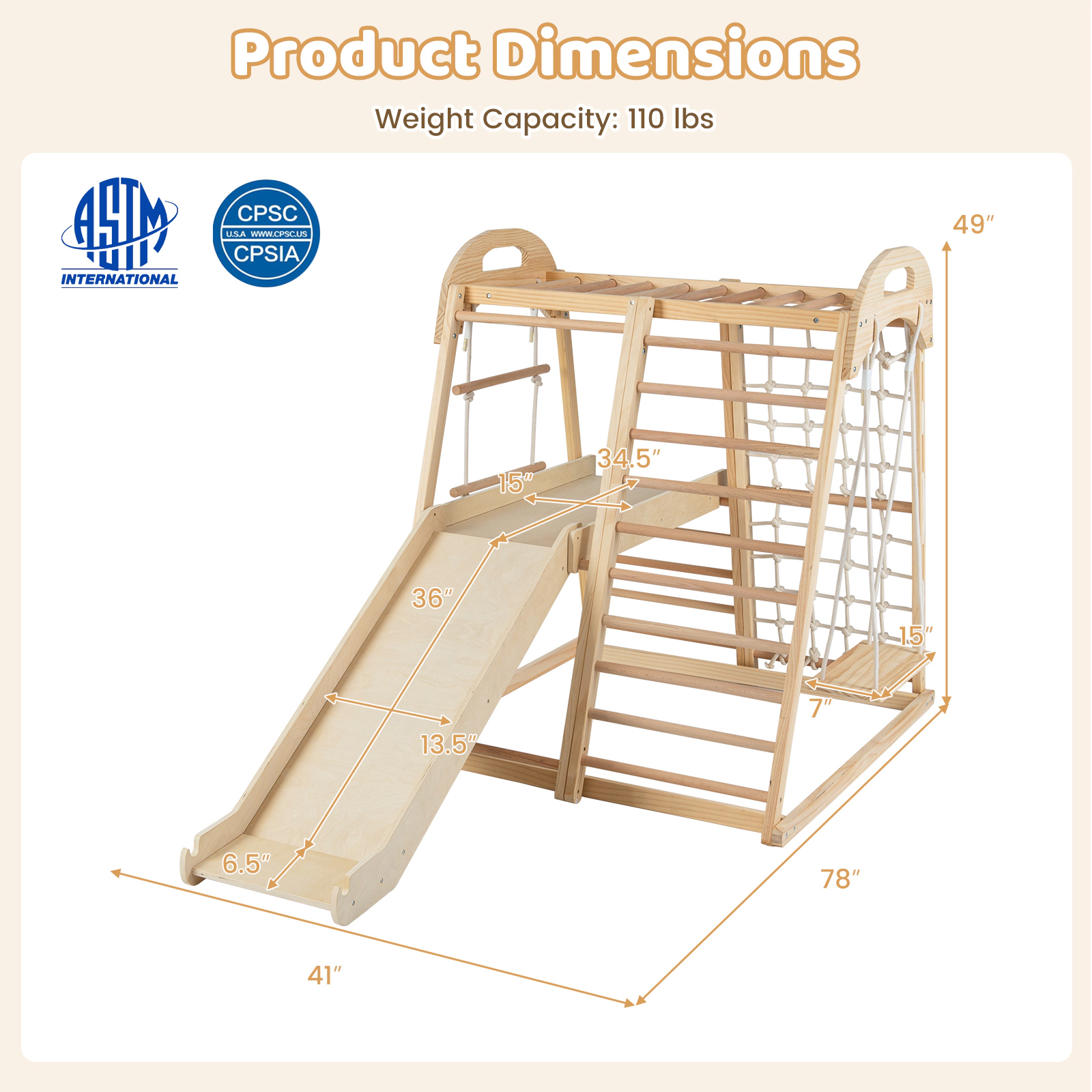 8-in-1 Wooden Montessori Climber Playset Slide Monkey Bars Swing Rope Net Two Ladders 110-lb Capacity Ages 3-5 Natural