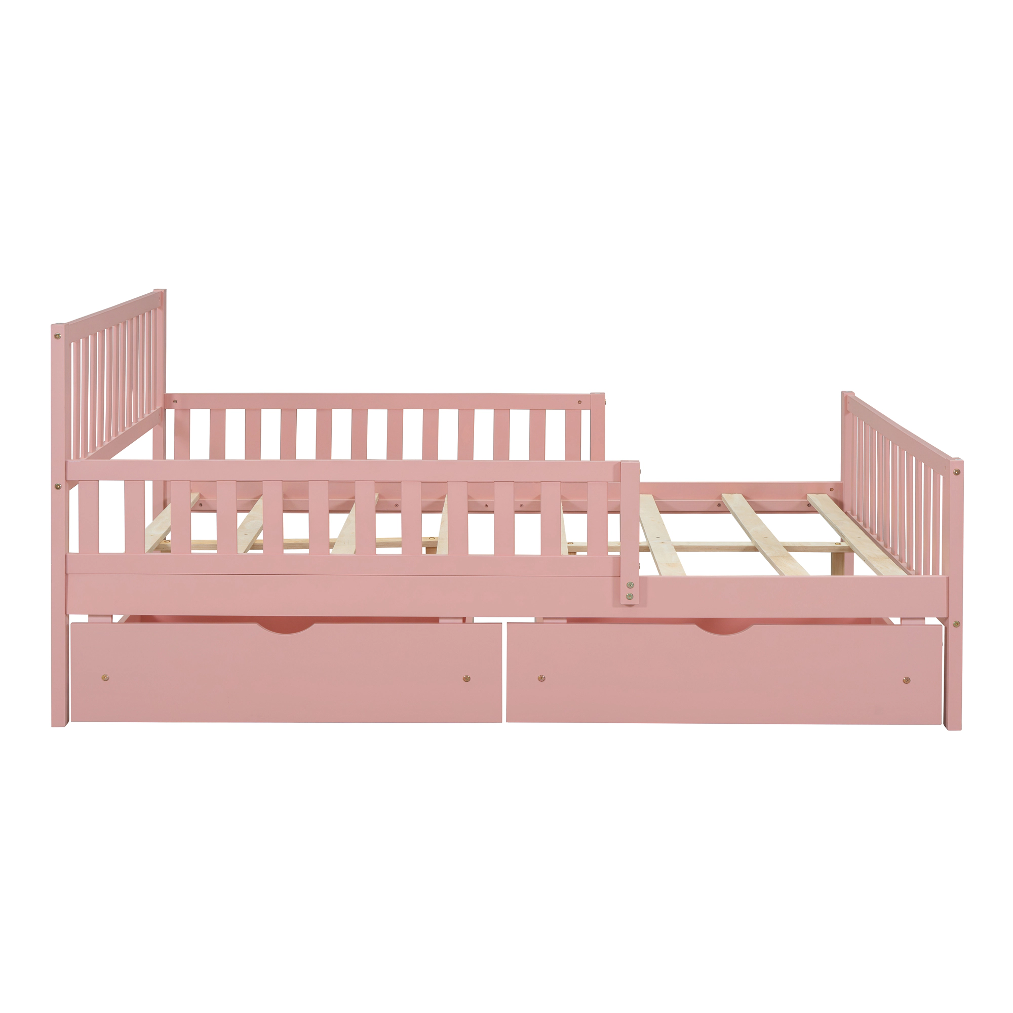 Flynama Full Wood Platform Bed with Guardrails & 2 Storage Drawers, Pink
