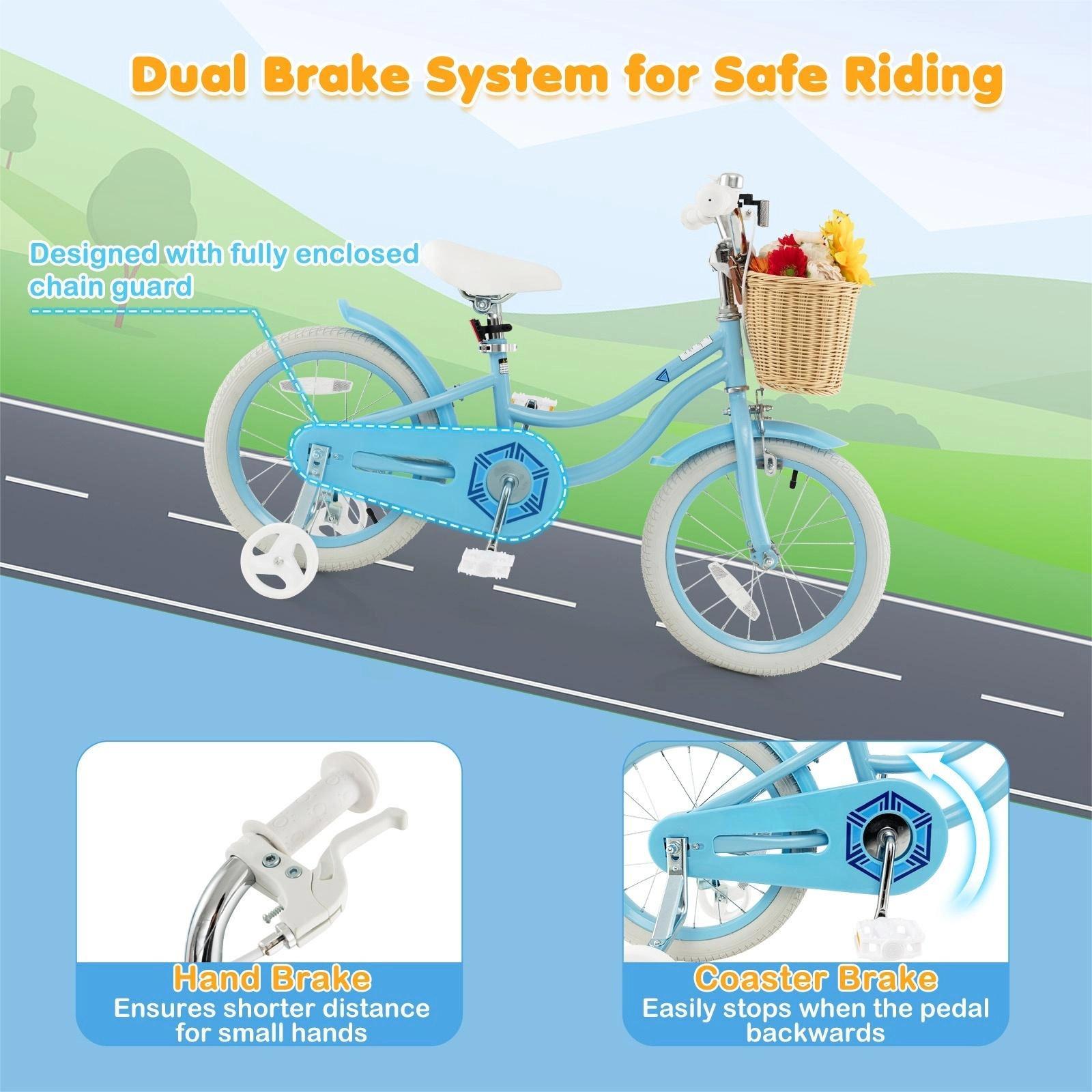 SUGIFT 16-Inch Kids Bike with Training Wheels Hand and Coaster Brakes 99-110-lb Capacity Ages 4-7 Blue