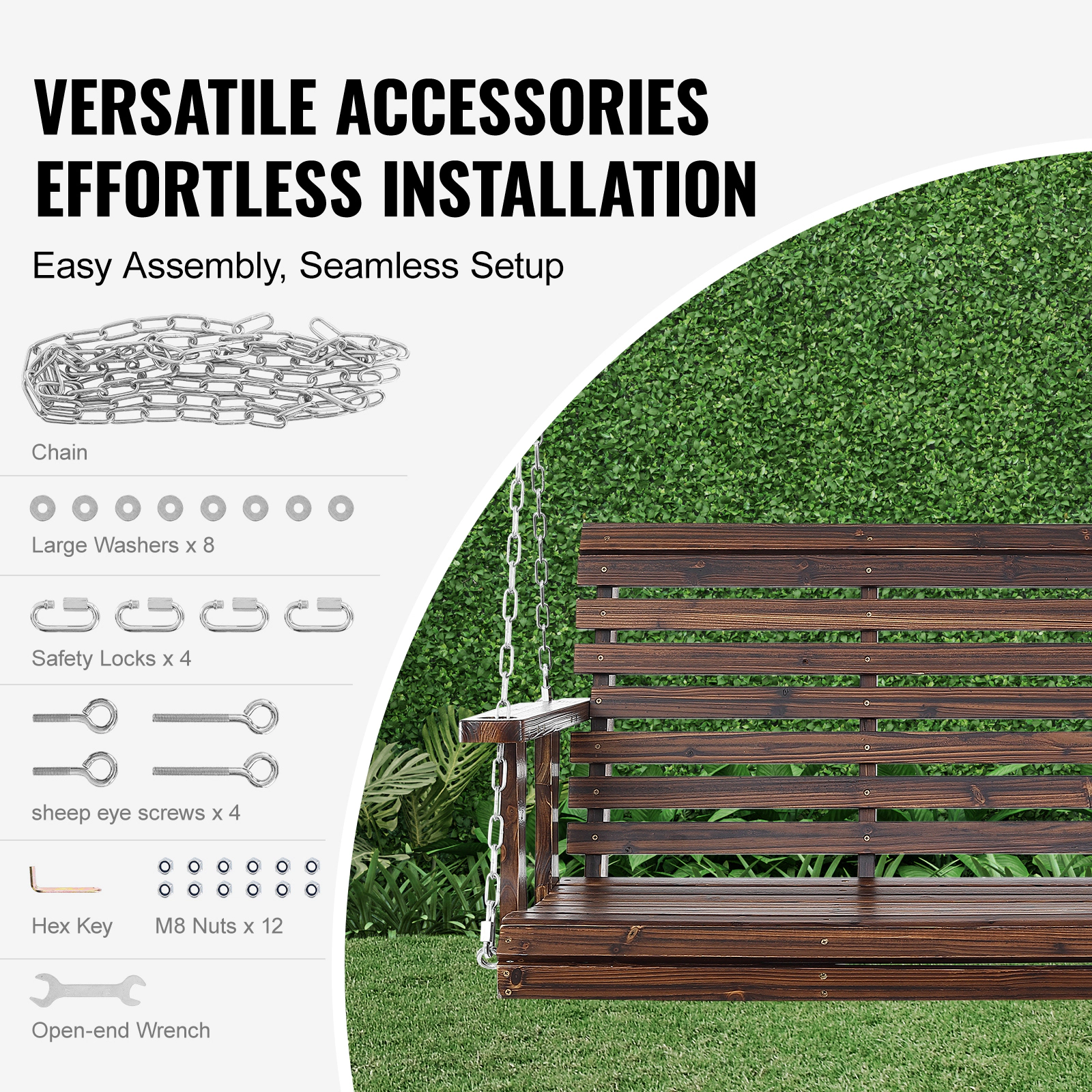 HONGGE Wooden Porch Swing Patio bench swing for Courtyard & Garden Upgraded 880 lbs Strong Load Capacity Heavy Duty