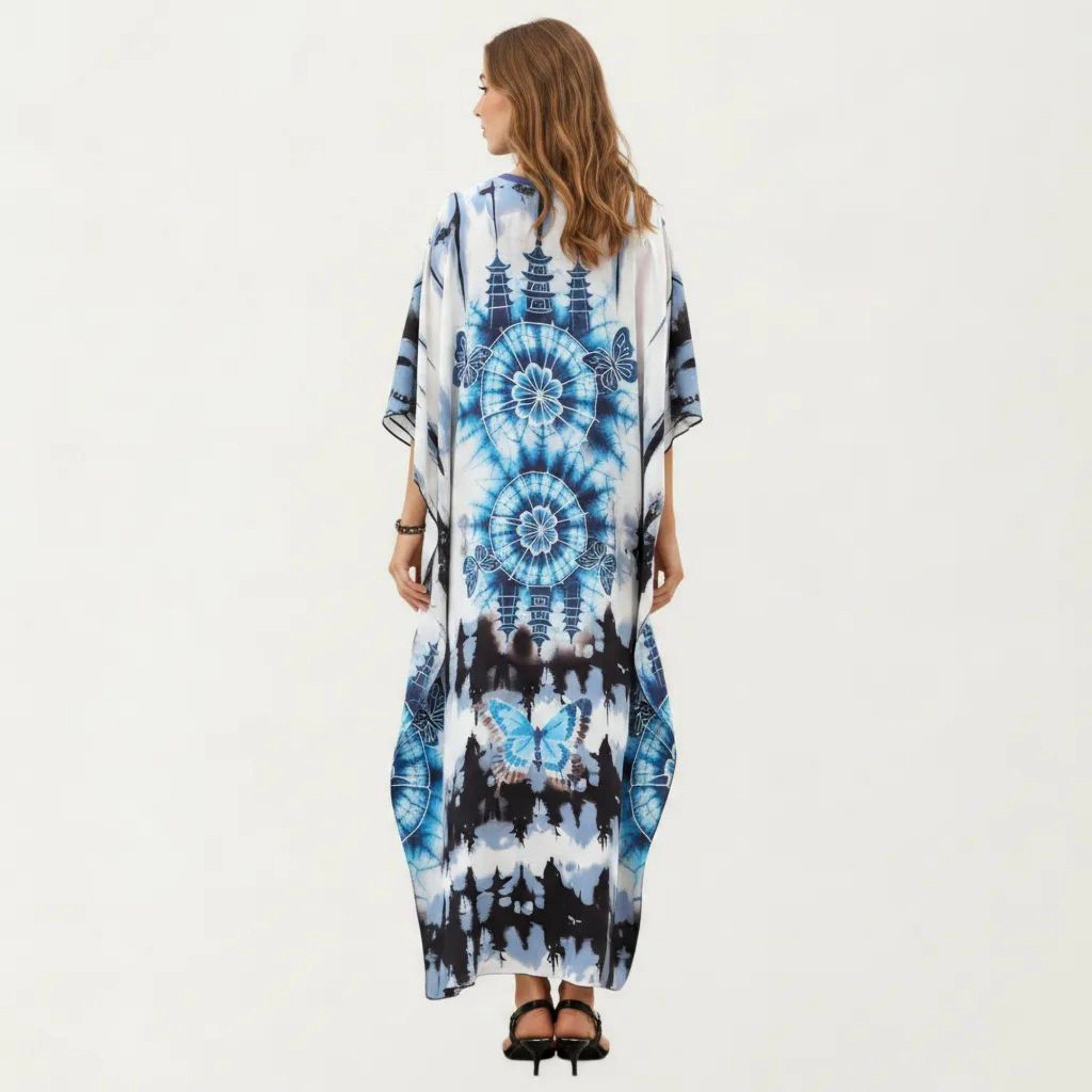 Anna-Kaci Women's Tie Dye Medallion Kaftan Maxi Dress with V-Neckline and Relaxed Flowy Silhouette
