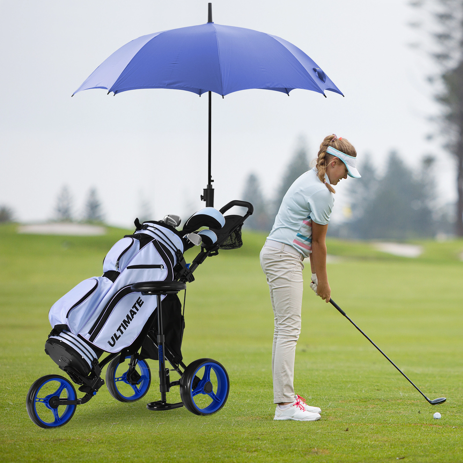 SUGIFT Blue Seat Scoreboard and Adjustable Handle 3-Wheel Folding Golf Push Cart